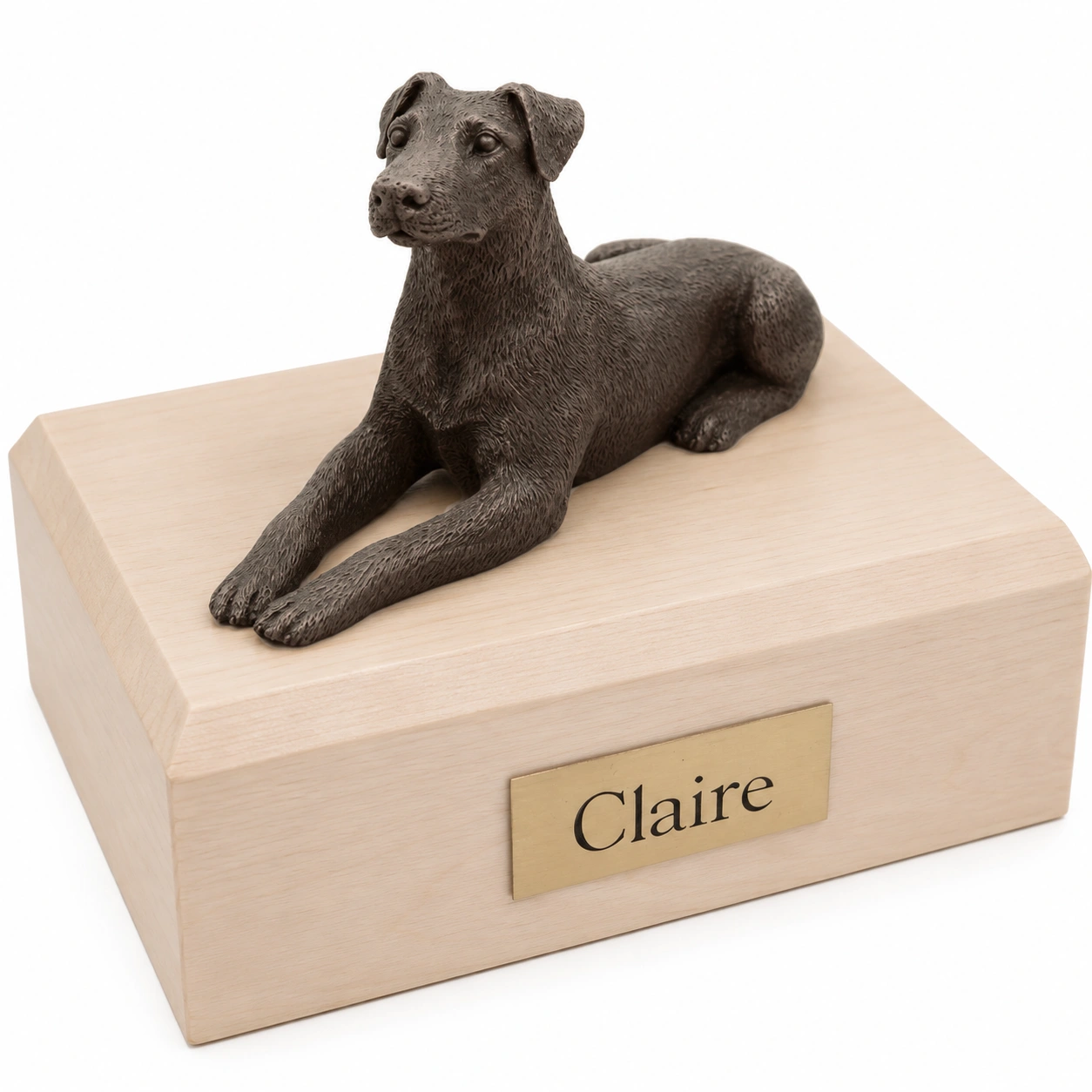 Bronze look laying ears down Doberman Pinscher dog figurine maple wood memorial cremation urn