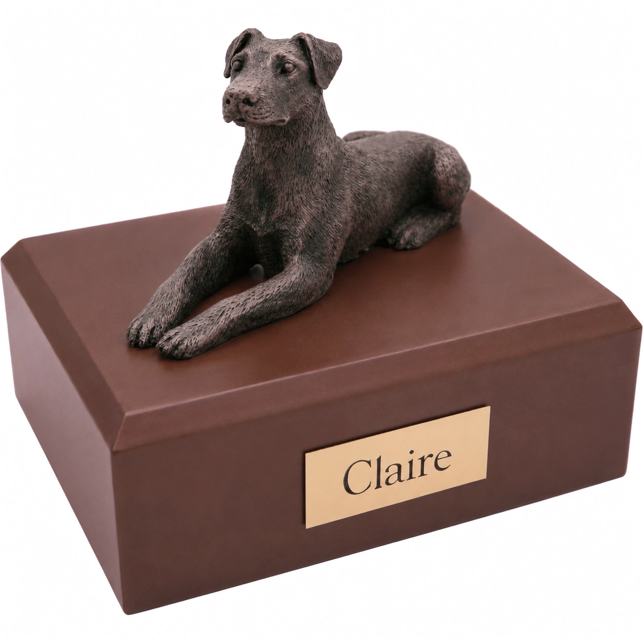 Bronze look laying ears down Doberman Pinscher dog figurine walnut wood memorial cremation urn