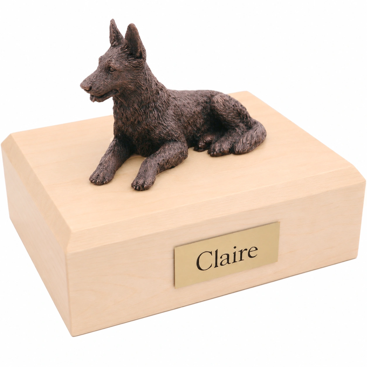 Bronze look laying German Shepherd dog figurine maple wood memorial cremation urn