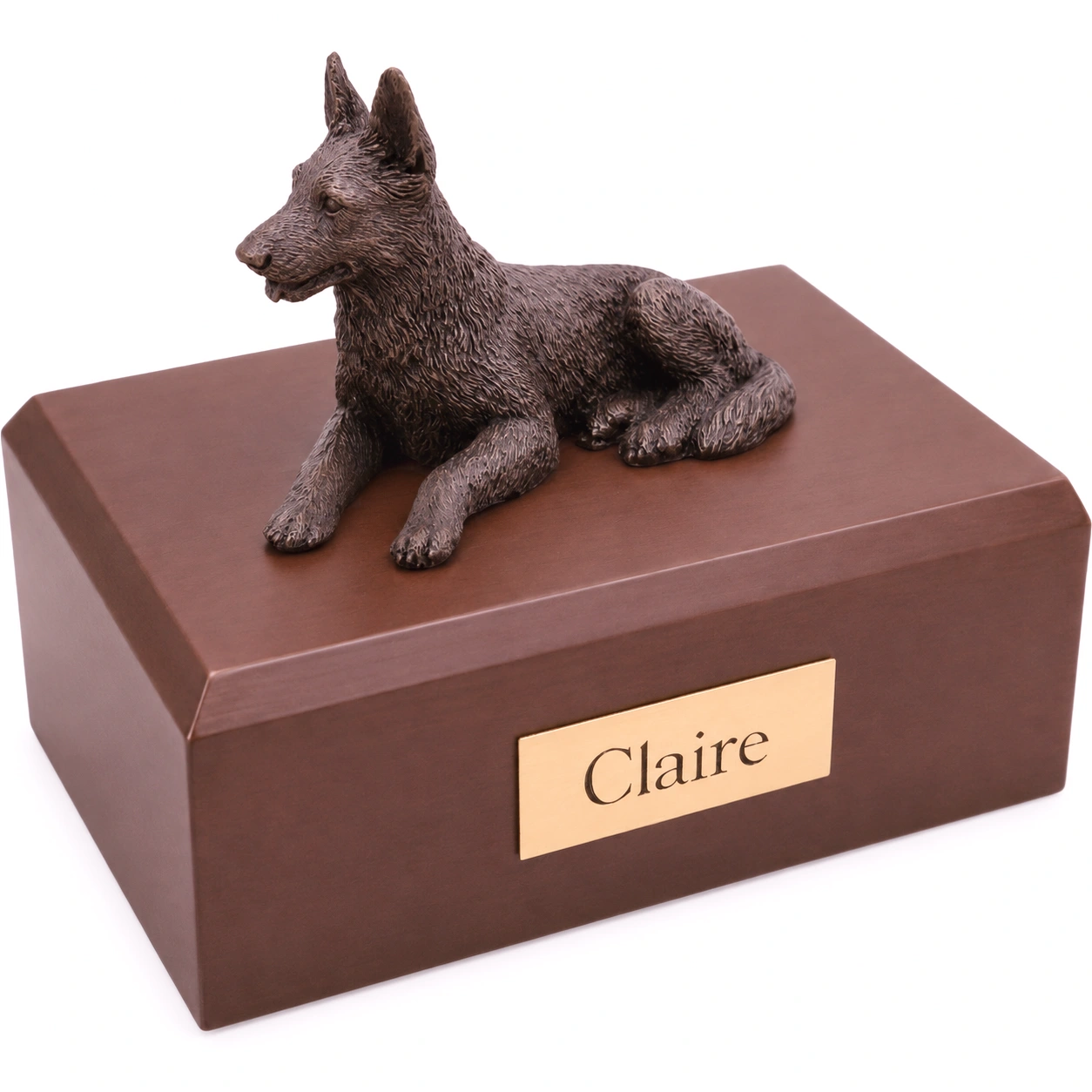 Bronze look laying German Shepherd dog figurine walnut wood memorial cremation urn