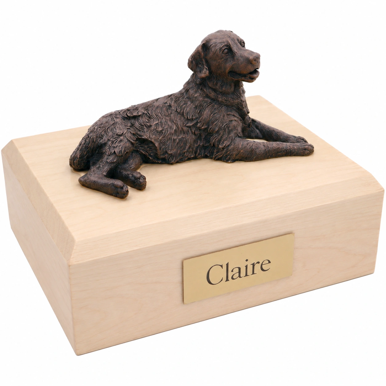 Bronze look laying Golden Retriever dog figurine maple wood memorial cremation urn