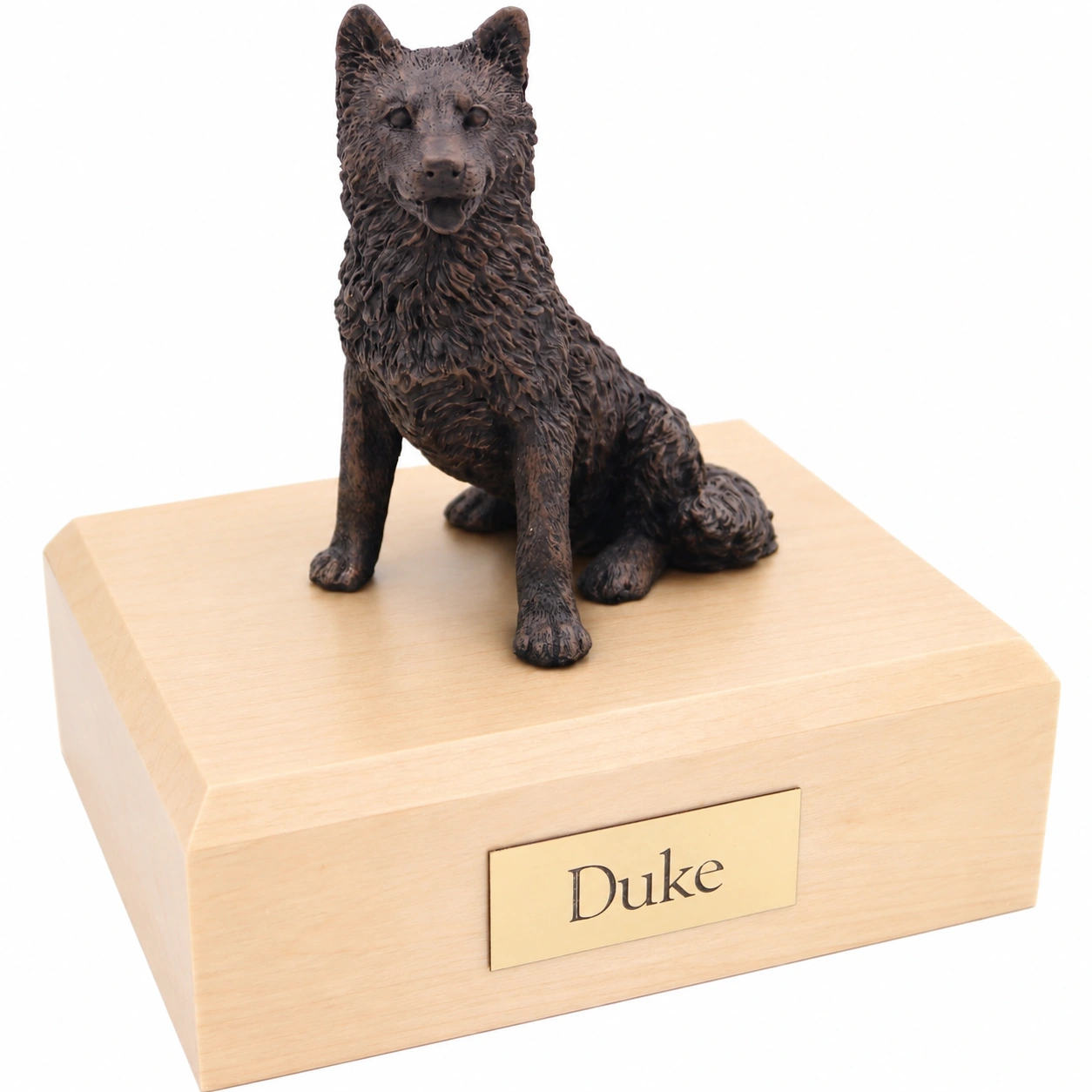 Bronze look sitting Husky dog figurine maple wood memorial cremation urn
