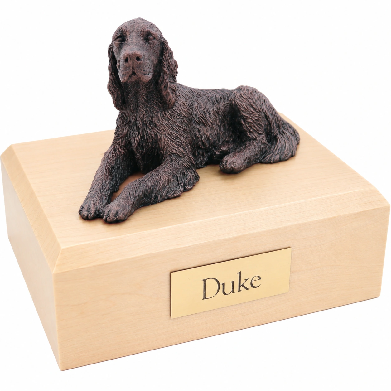 Bronze look laying Irish Setter dog figurine maple wood memorial cremation urn