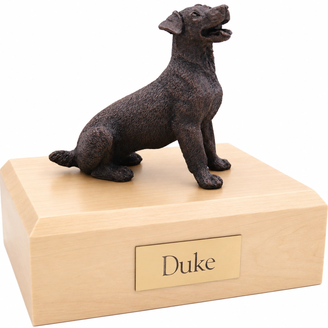 Bronze look sitting Jack Russell Terrier dog figurine maple wood memorial cremation urn