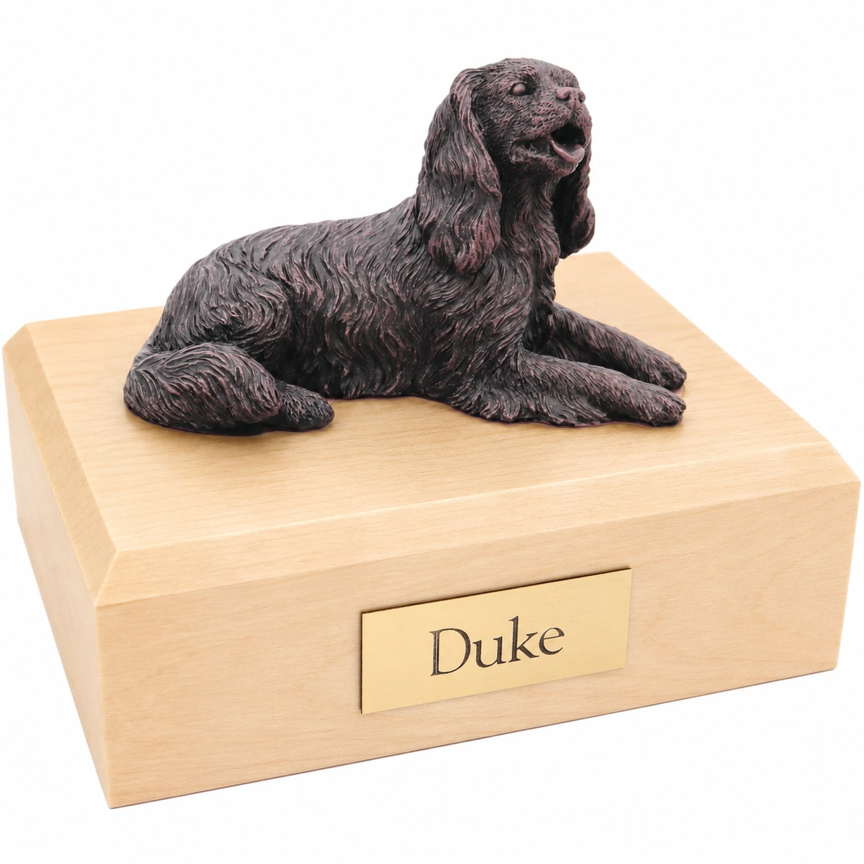 Bronze look laying King Charles Spaniel dog figurine maple wood memorial cremation urn