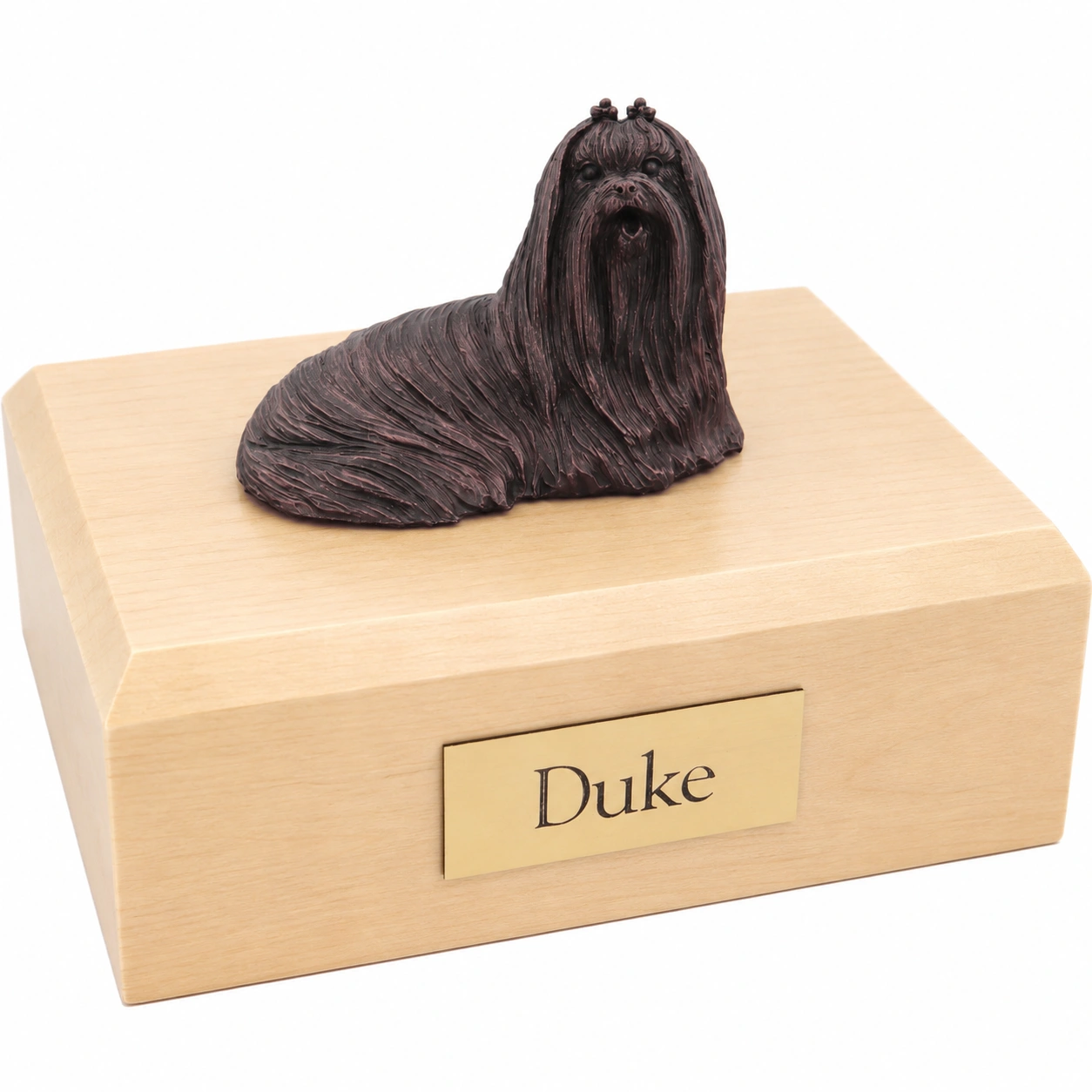 Bronze look laying Maltese dog figurine maple wood memorial cremation urn