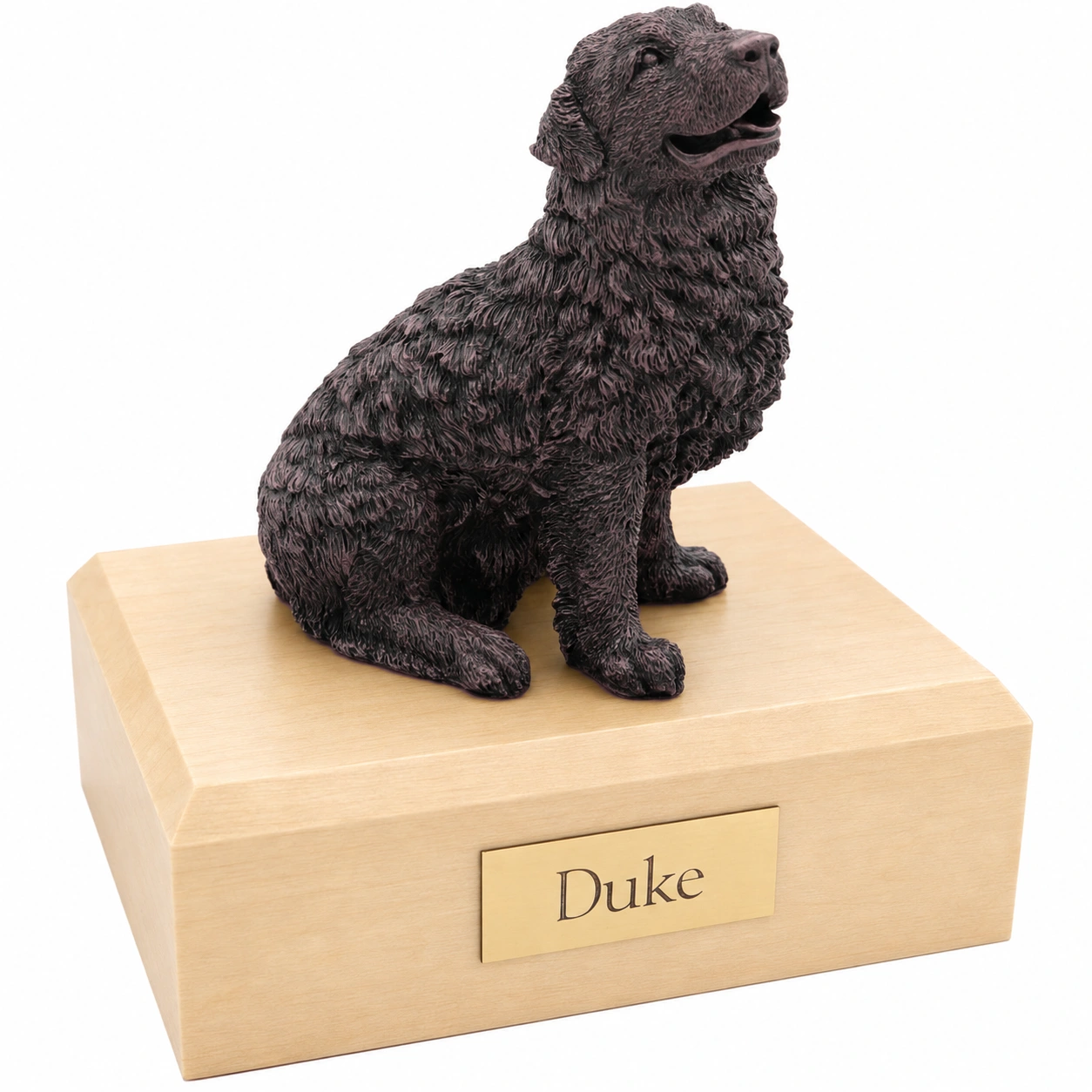 Bronze look sitting Newfoundland dog figurine maple wood memorial cremation urn