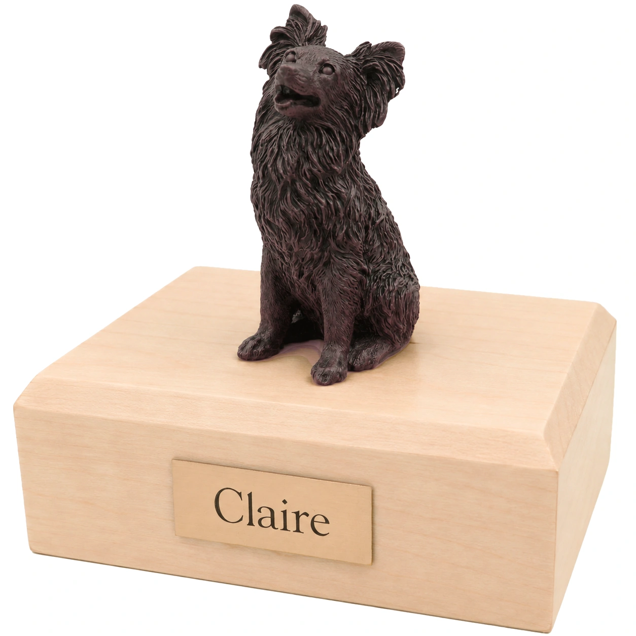 Bronze look sitting Papillon dog figurine maple wood memorial cremation urn