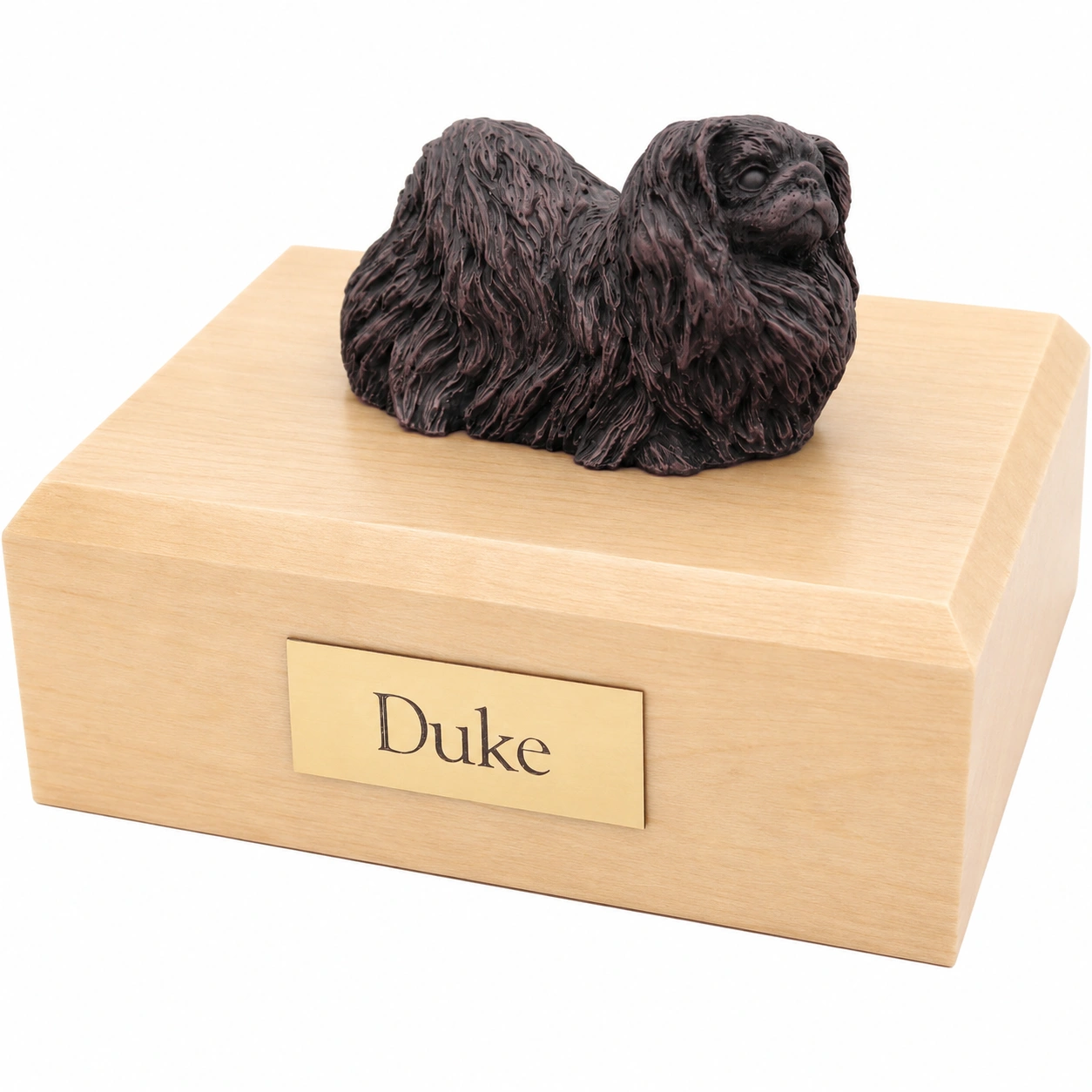 Bronze look standing Pekingese dog figurine maple wood memorial cremation urn