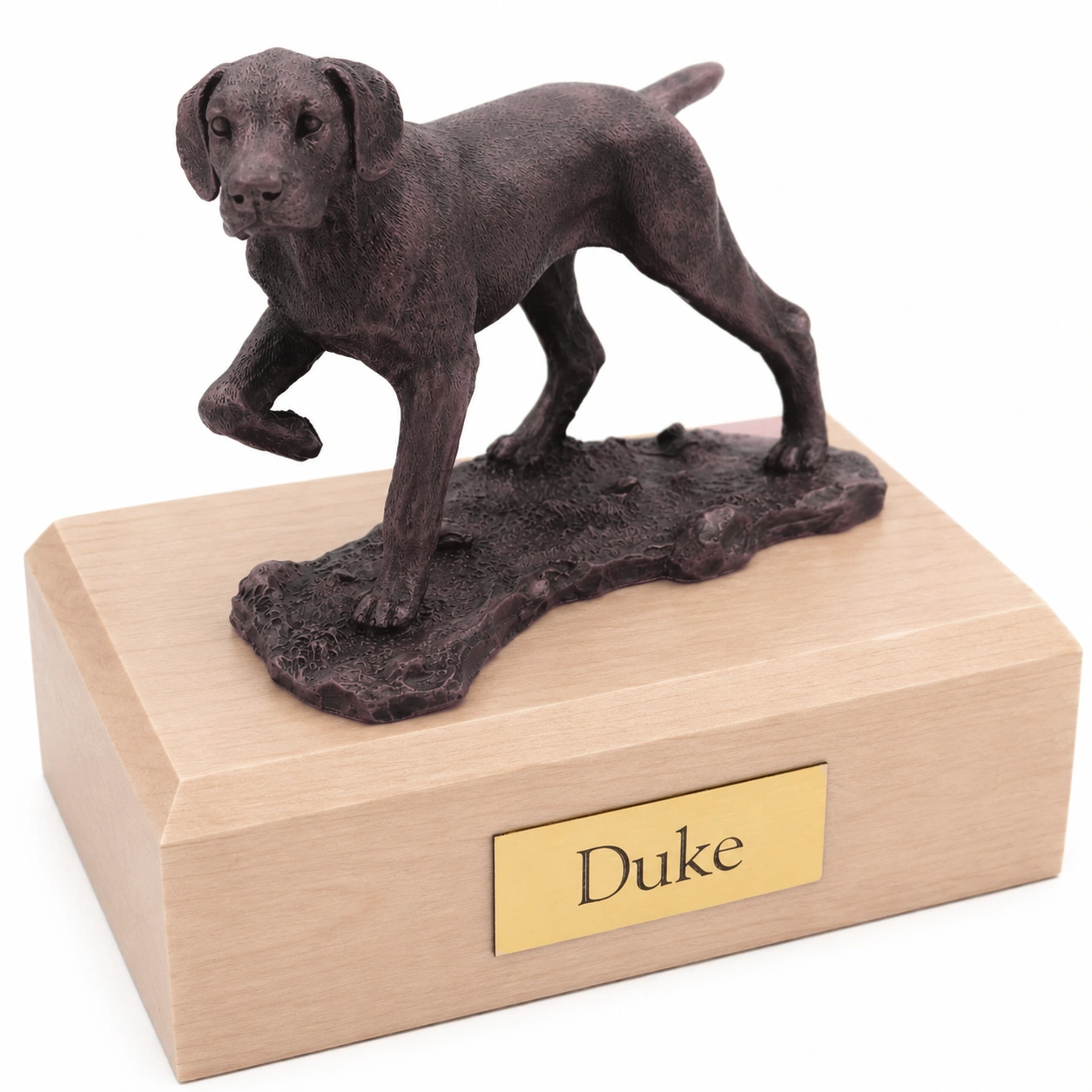 Bronze look standing Pointer dog figurine maple wood memorial cremation urn