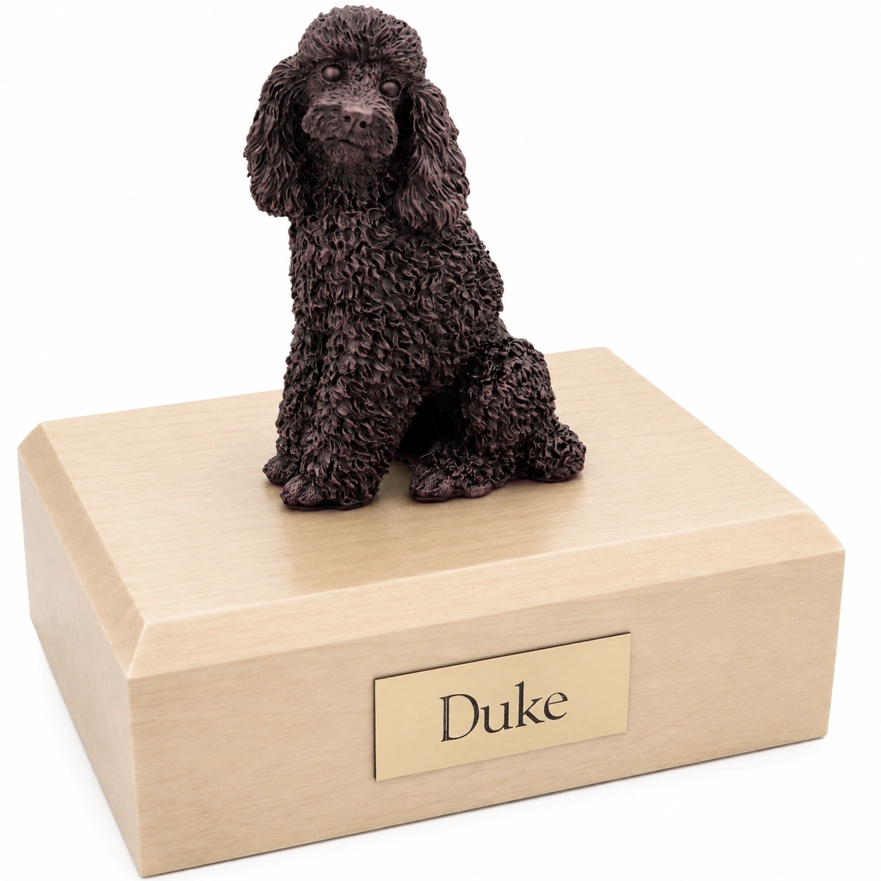 Bronze look sitting Poodle dog figurine maple wood memorial cremation urn