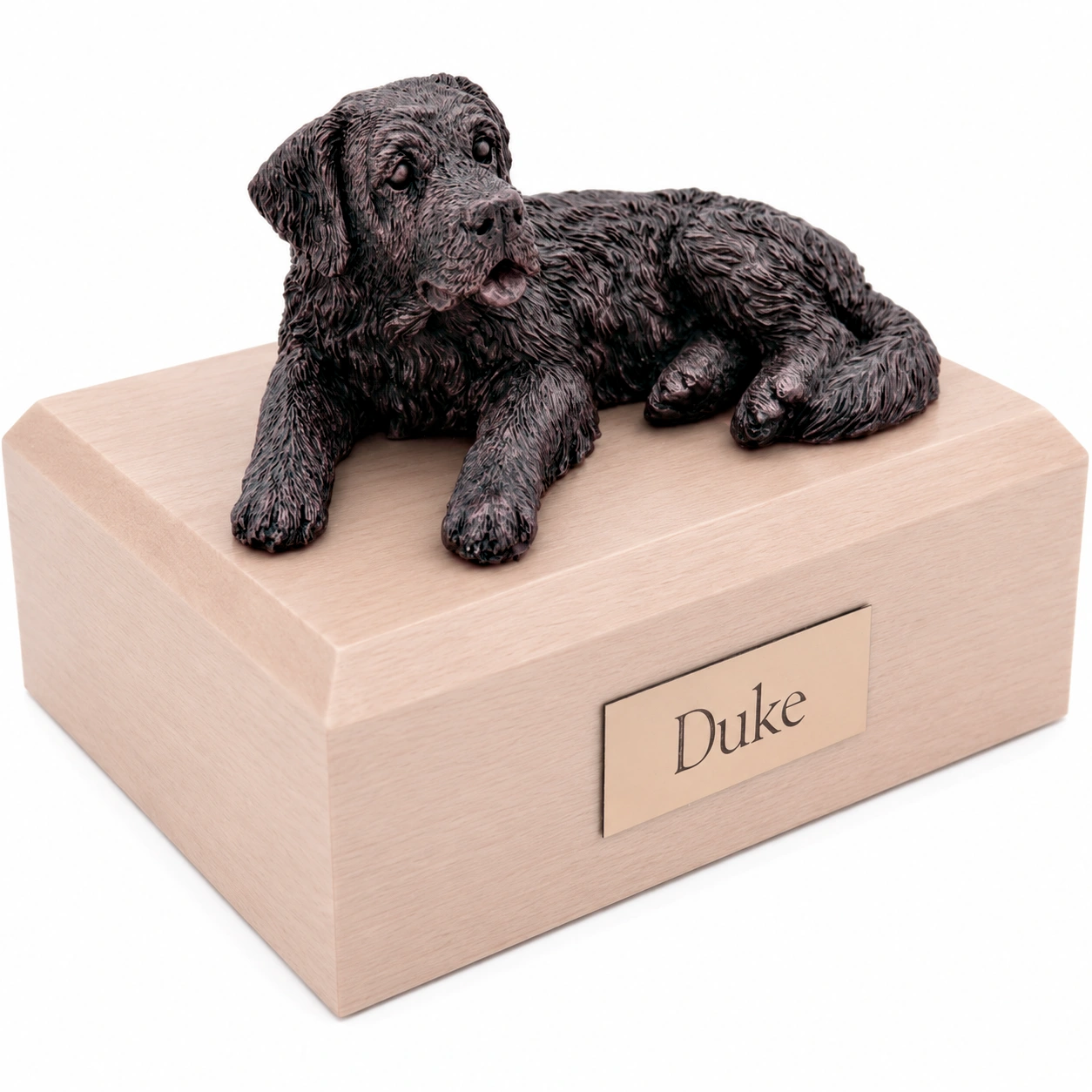 Bronze look laying Saint Bernard dog figurine maple wood memorial cremation urn