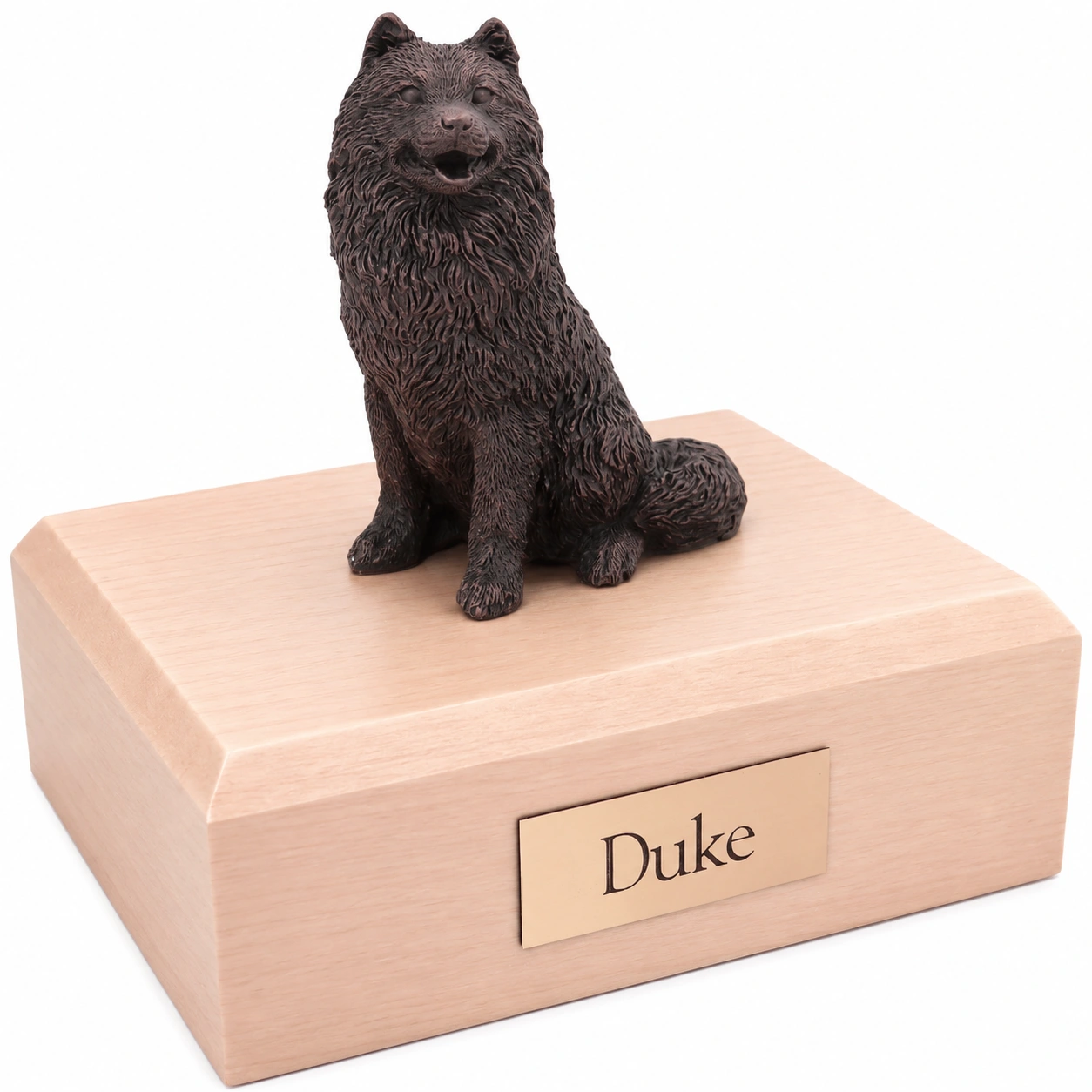Bronze look sitting Samoyed dog figurine maple wood memorial cremation urn