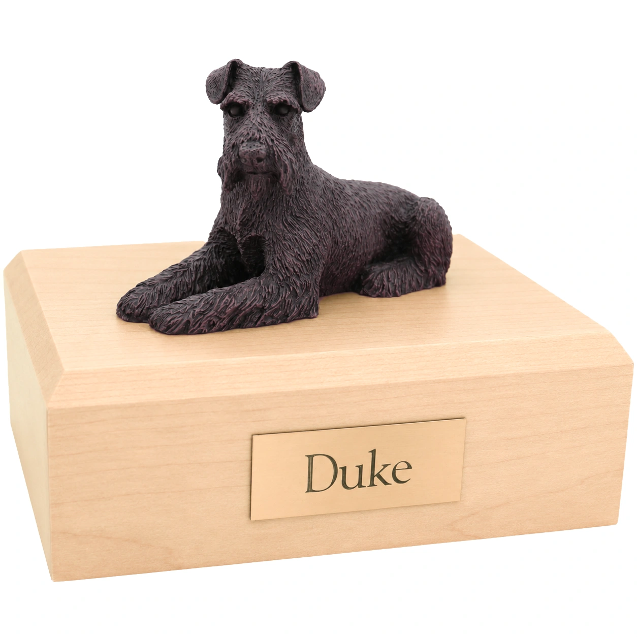 Bronze look laying ears down Schnauzer dog figurine maple wood memorial cremation urn
