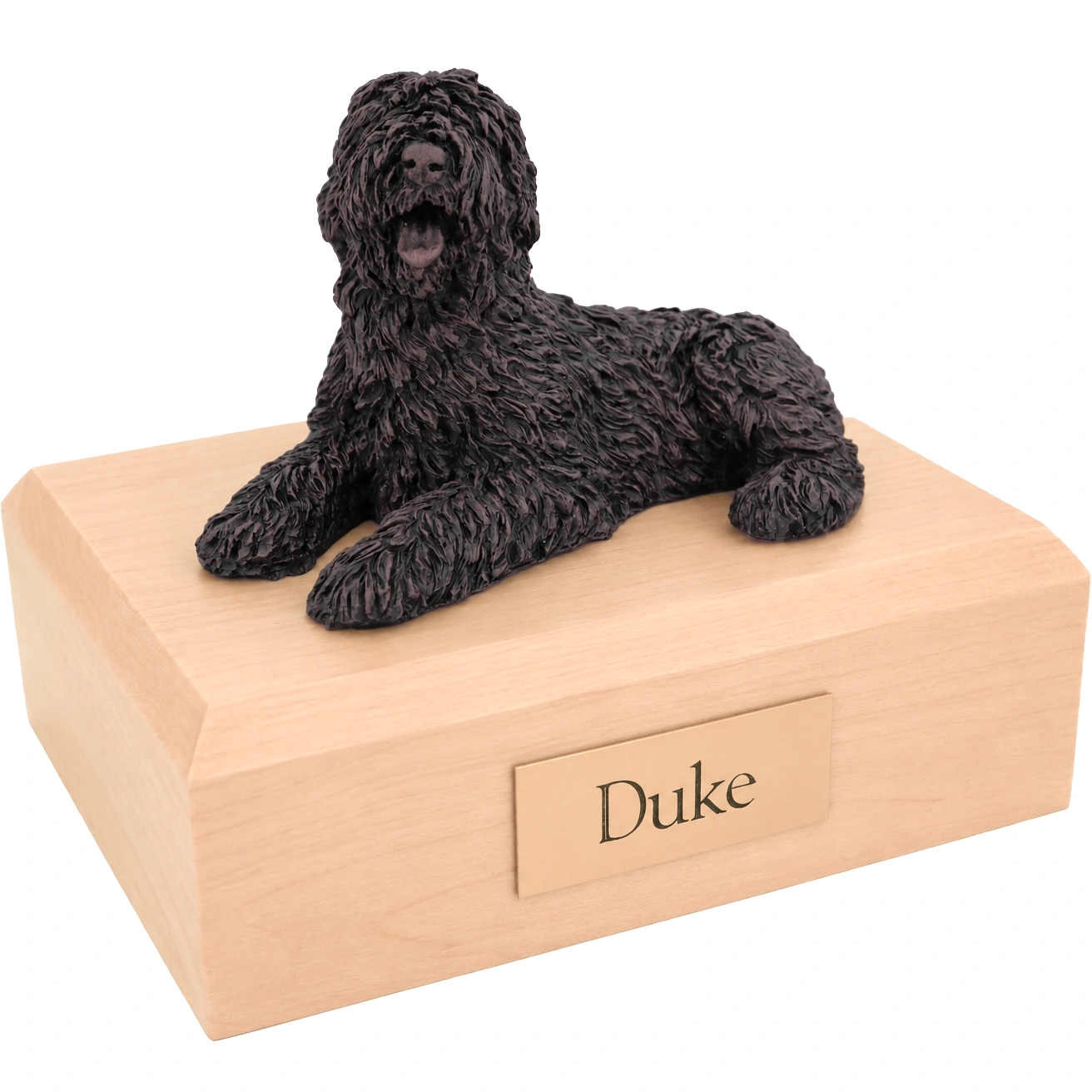 Bronze look laying Sheepdog dog figurine maple wood memorial cremation urn