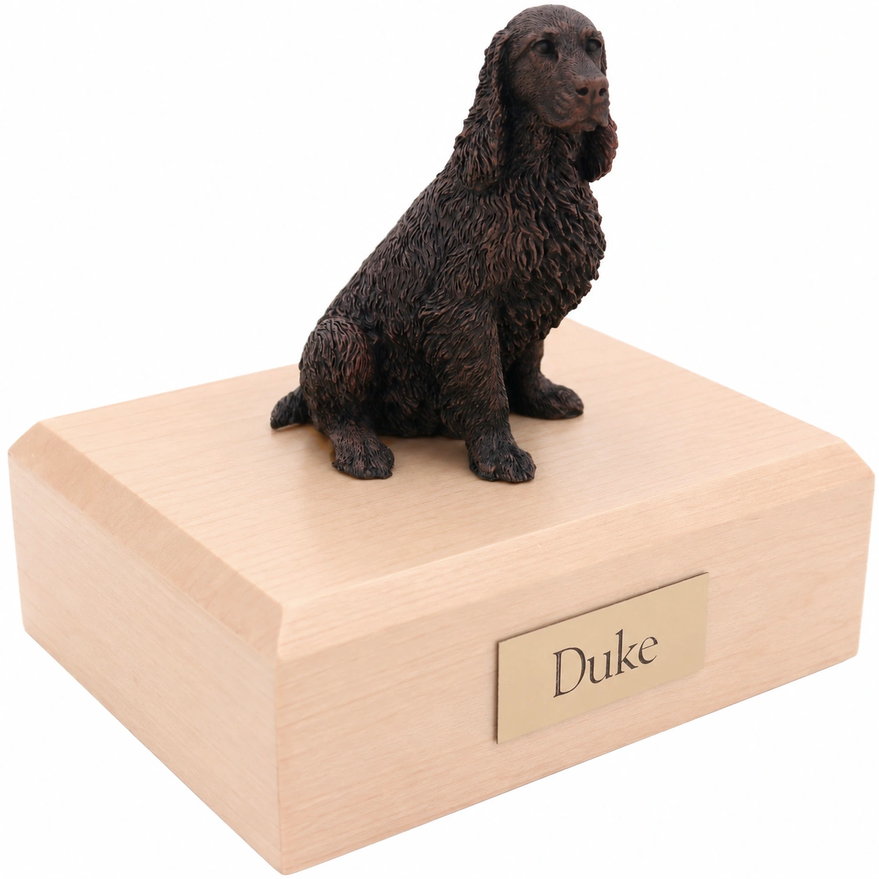Bronze look sitting Springer Spaniel dog figurine maple wood memorial cremation urn