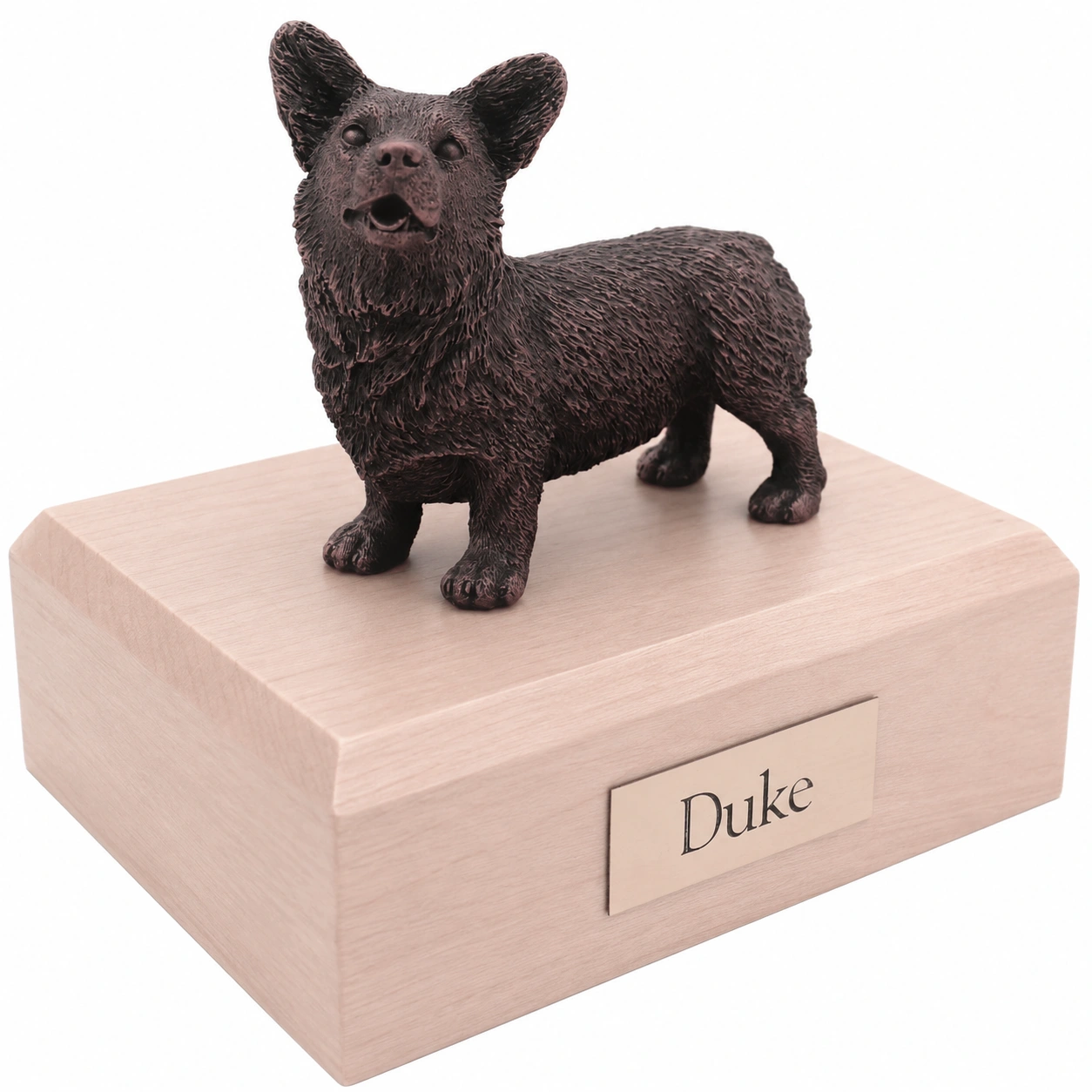 Bronze look standing Welsh Corgi dog figurine maple wood memorial cremation urn