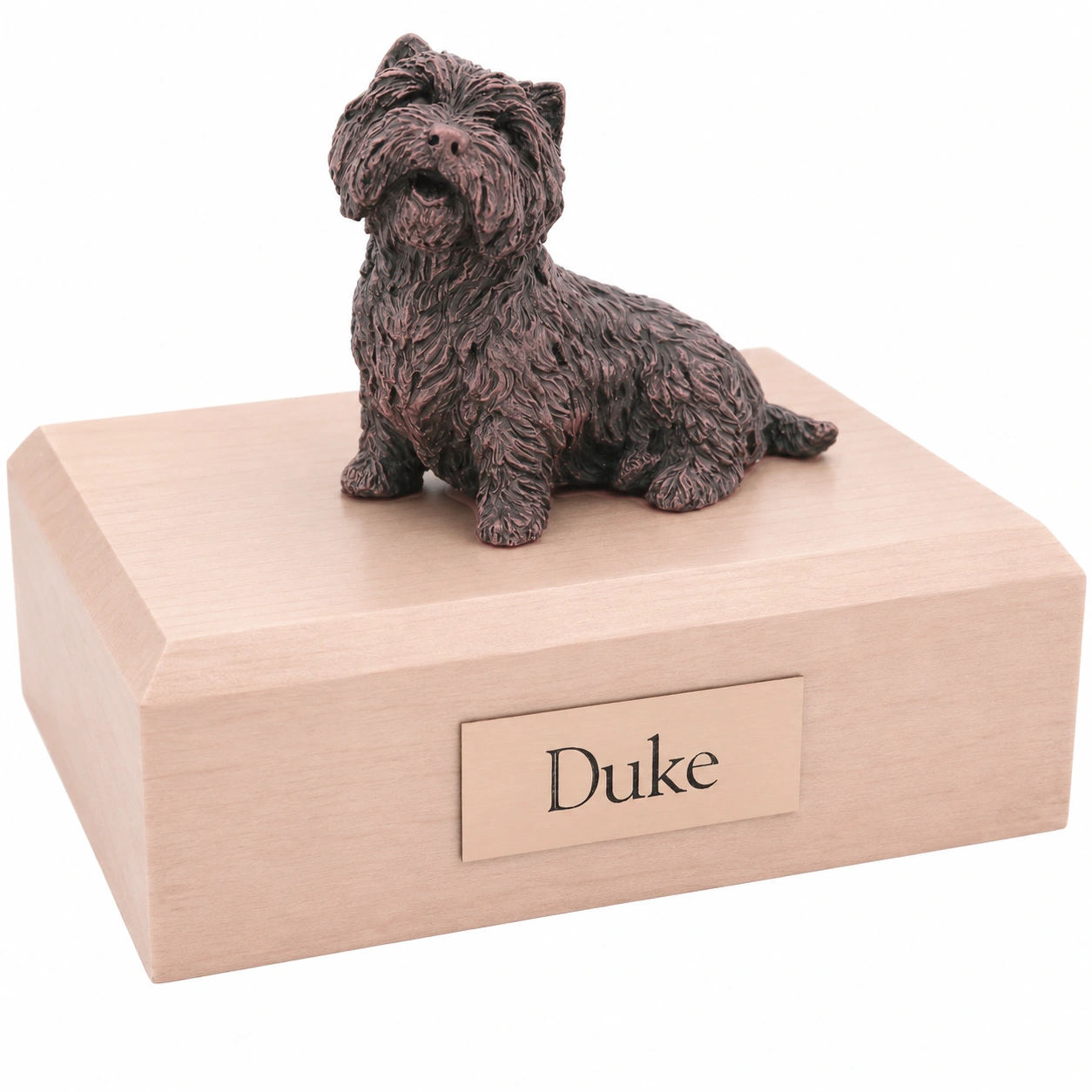 Bronze look sitting West Highland Terrier dog figurine maple wood memorial cremation urn