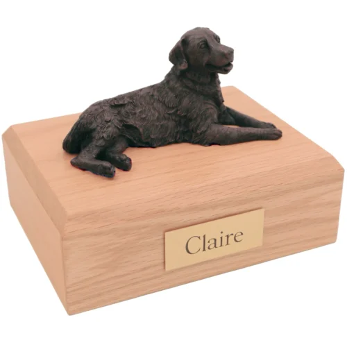 Bronze look laying Golden Retriever dog figurine oak wood memorial cremation urn