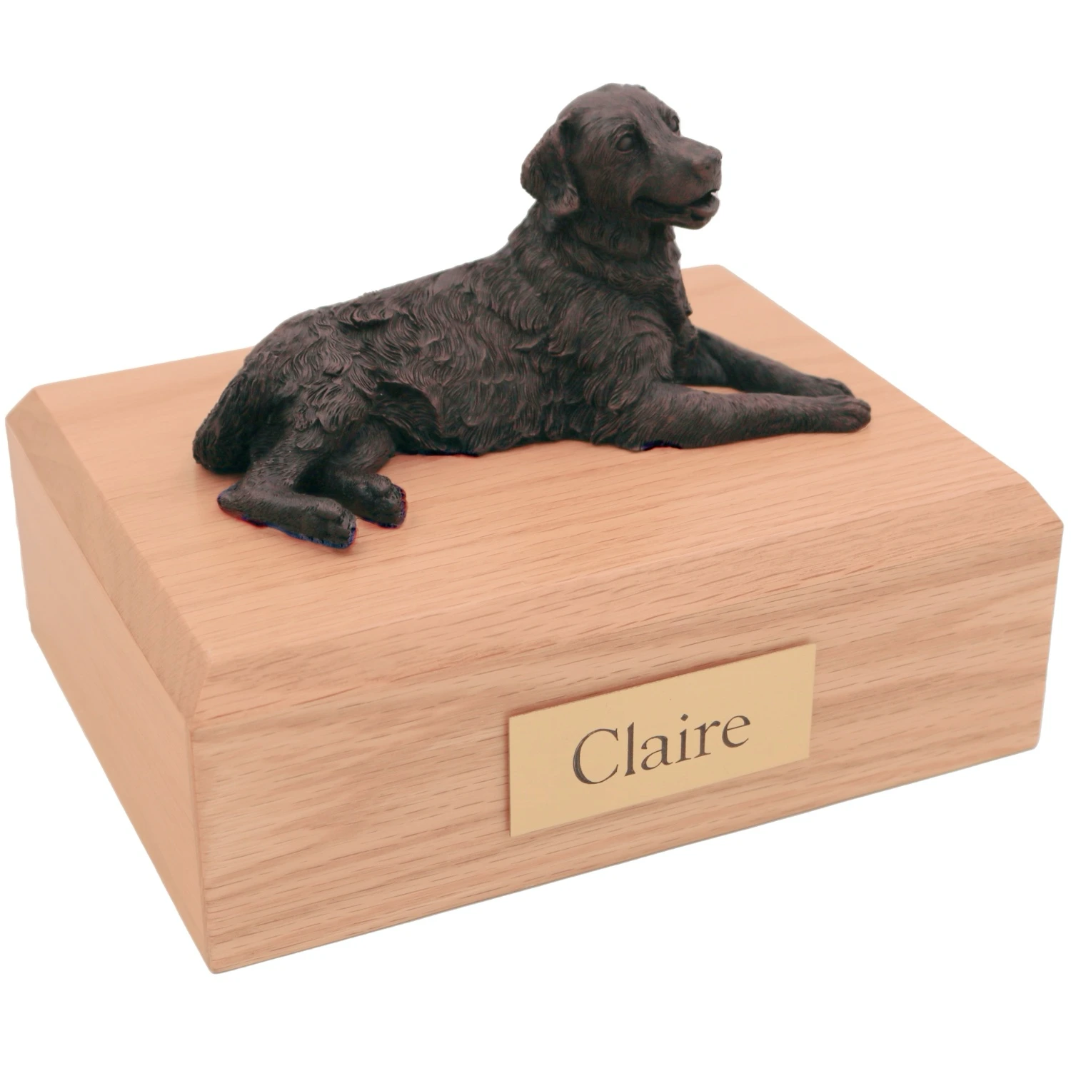 Bronze look laying Golden Retriever dog figurine oak wood memorial cremation urn
