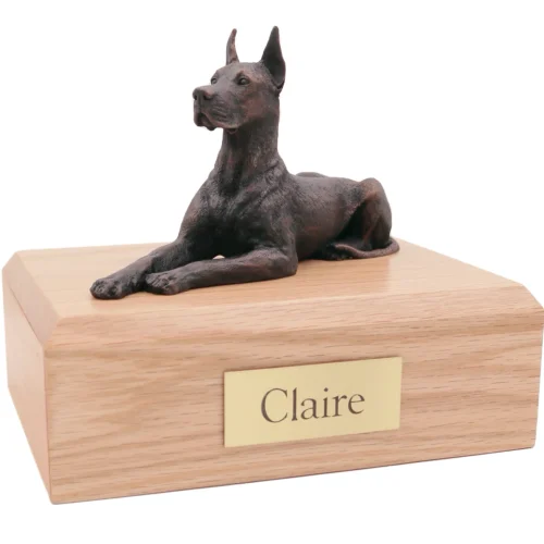 Bronze look laying ears up Great Dane dog figurine oak wood memorial cremation urn
