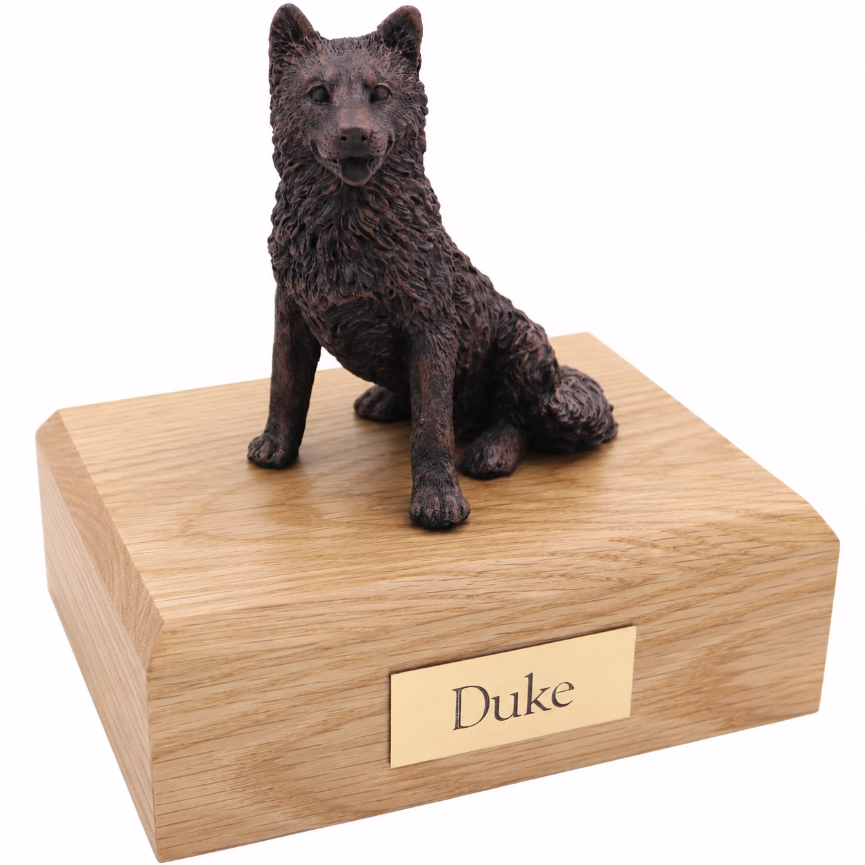 Bronze look sitting Husky dog figurine oak wood memorial cremation urn