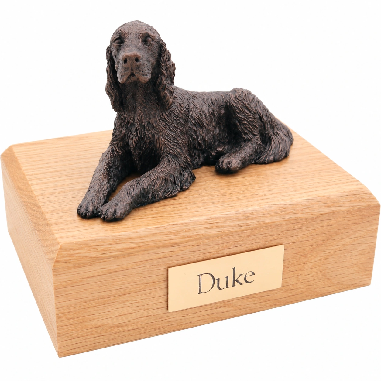 Bronze look laying Irish Setter dog figurine oak wood memorial cremation urn