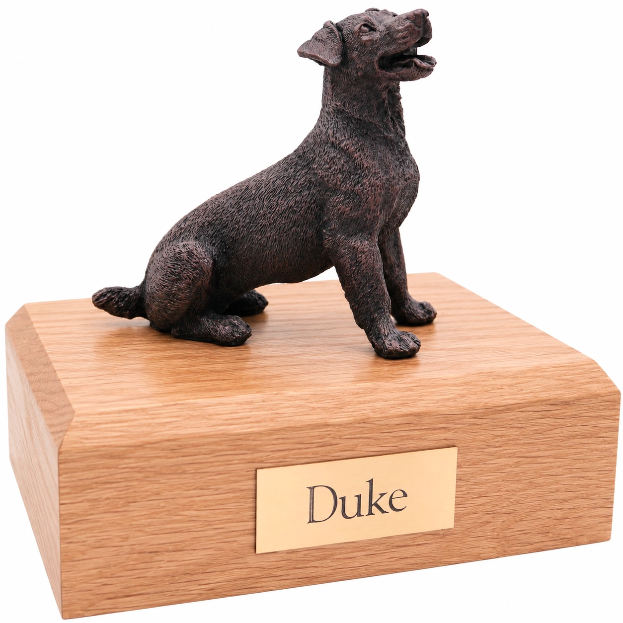 Bronze look sitting Jack Russell Terrier dog figurine oak wood memorial cremation urn