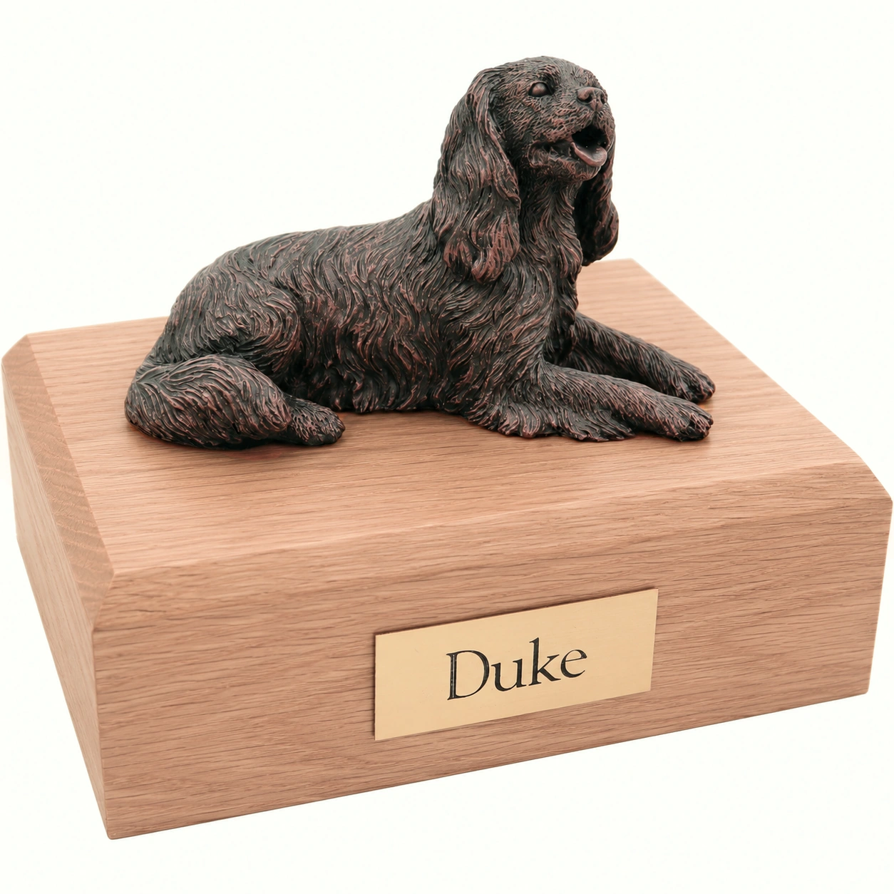 Bronze look laying King Charles Spaniel dog figurine oak wood memorial cremation urn