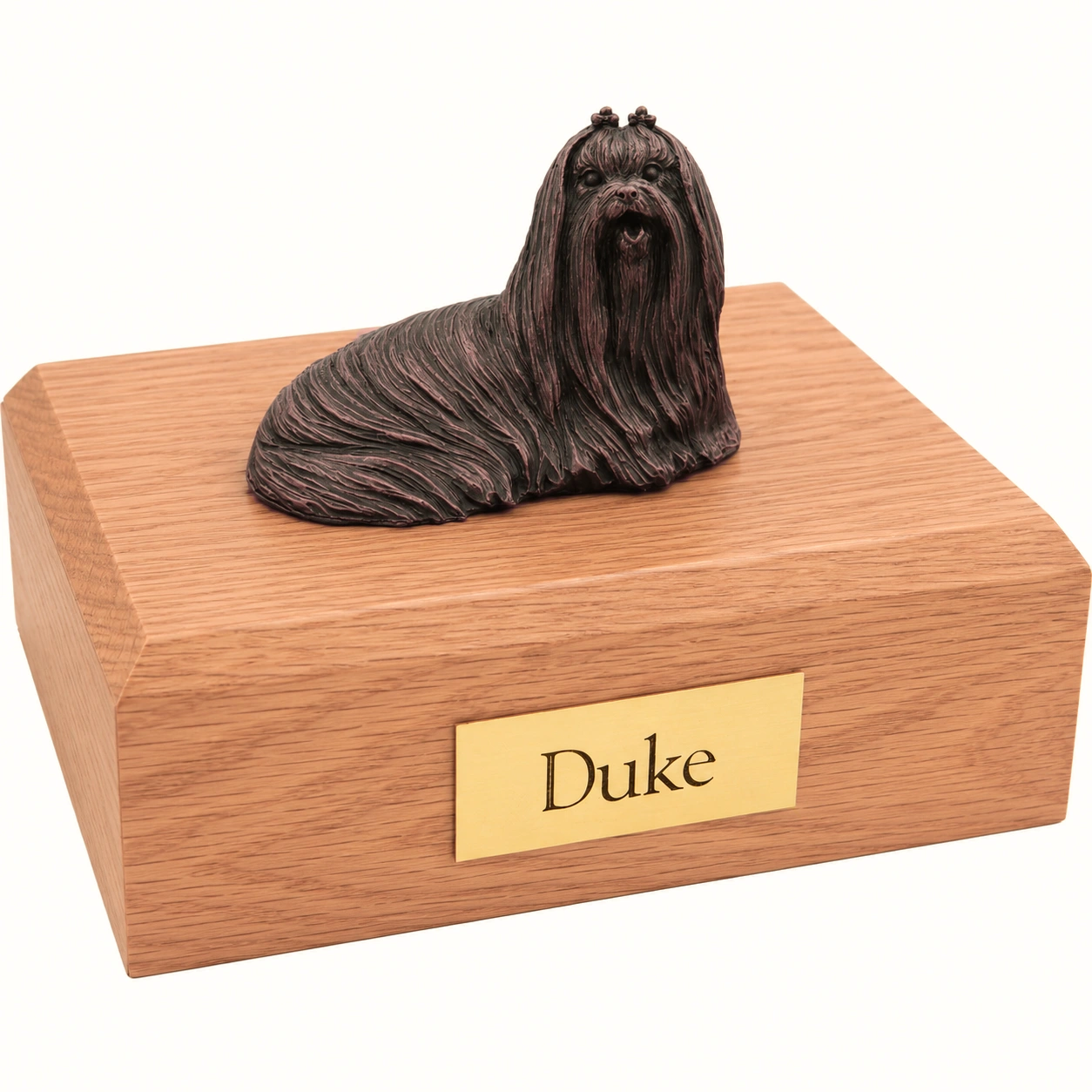 Bronze look laying Maltese dog figurine oak wood memorial cremation urn