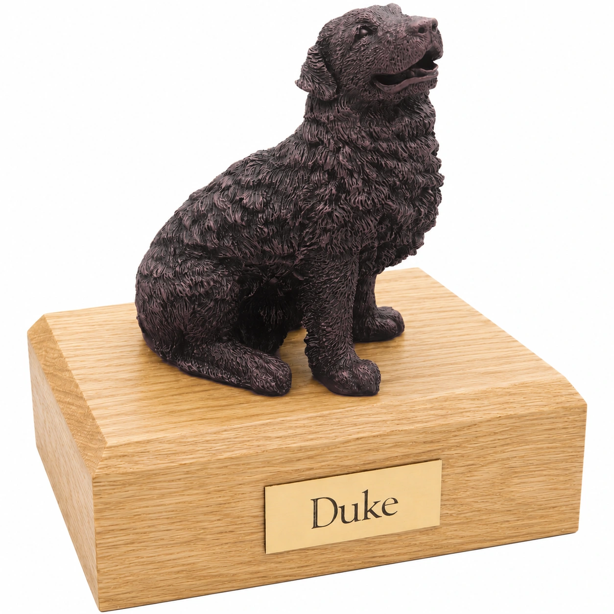 Bronze look sitting Newfoundland dog figurine oak wood memorial cremation urn