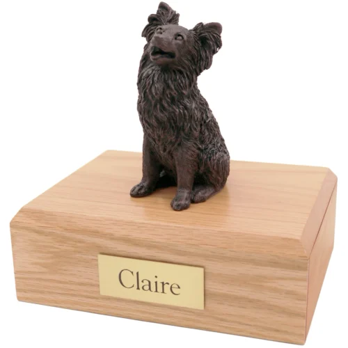 Bronze look sitting Papillon dog figurine oak wood memorial cremation urn