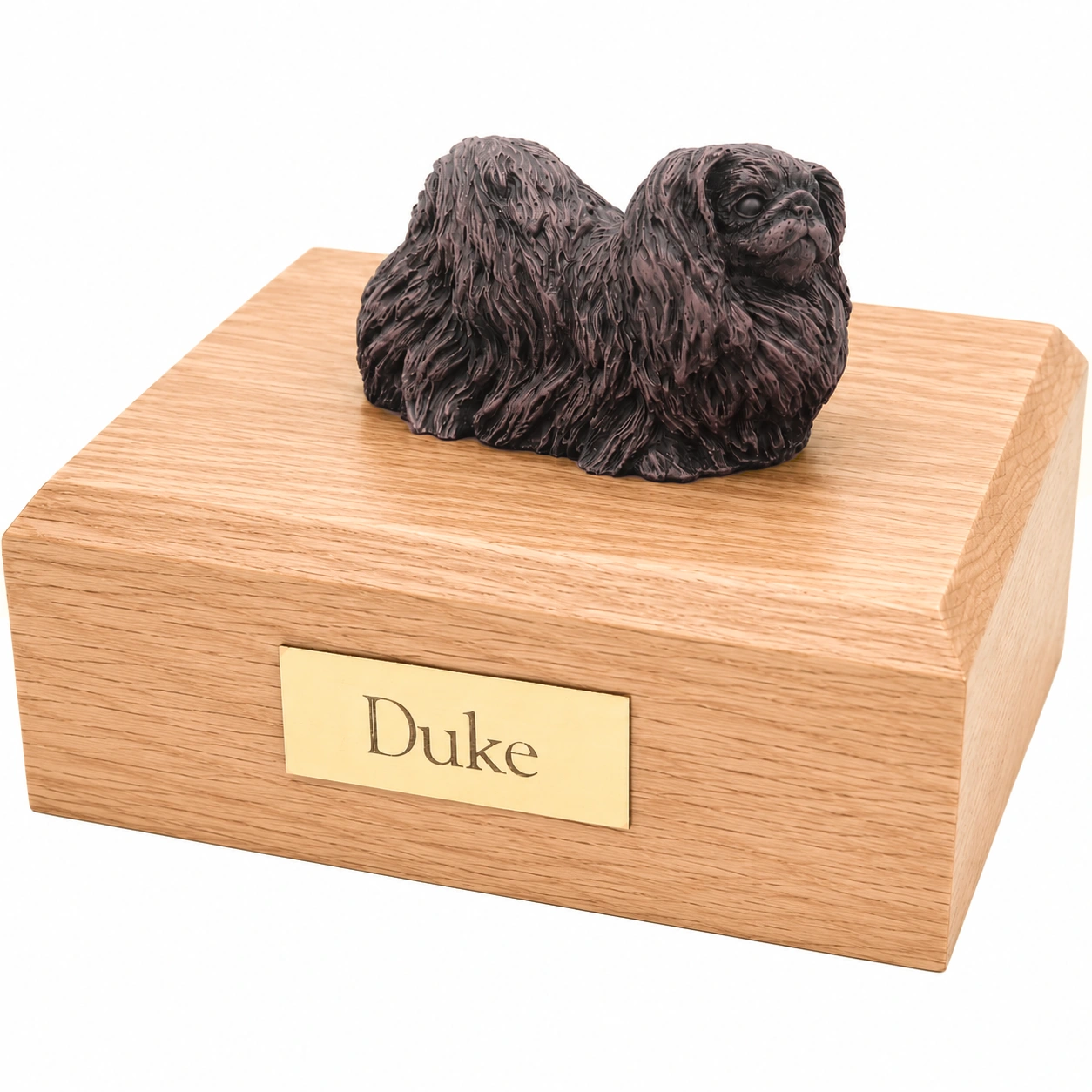 Bronze look standing Pekingese dog figurine oak wood memorial cremation urn