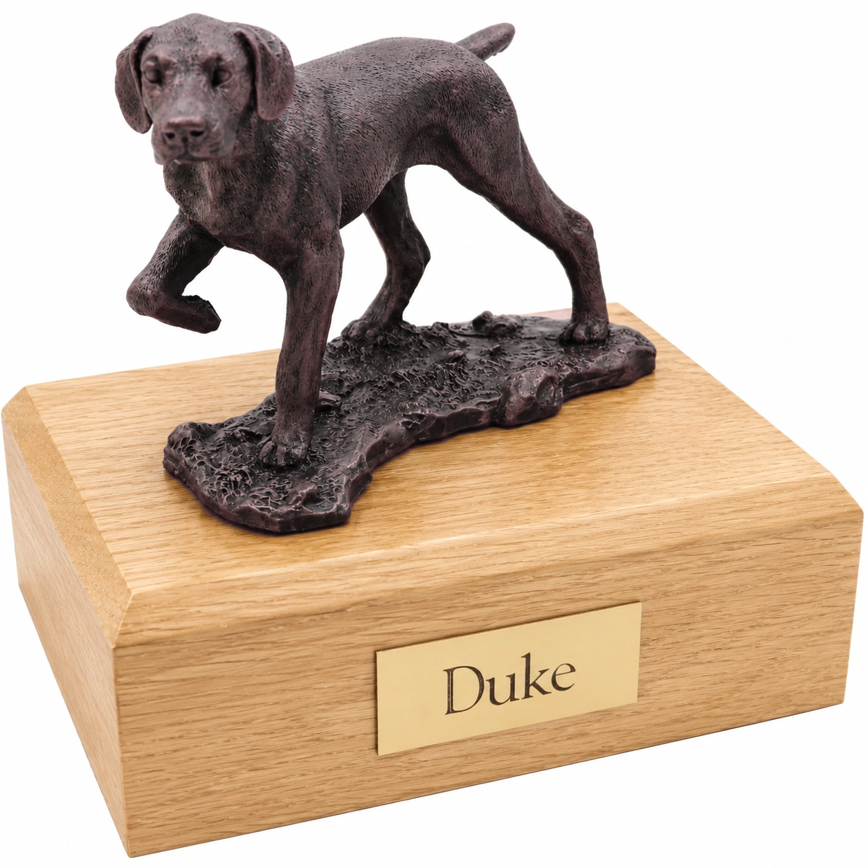 Bronze look standing Pointer dog figurine oak wood memorial cremation urn
