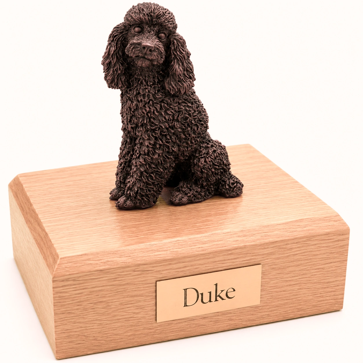 Bronze look sitting Poodle dog figurine oak wood memorial cremation urn
