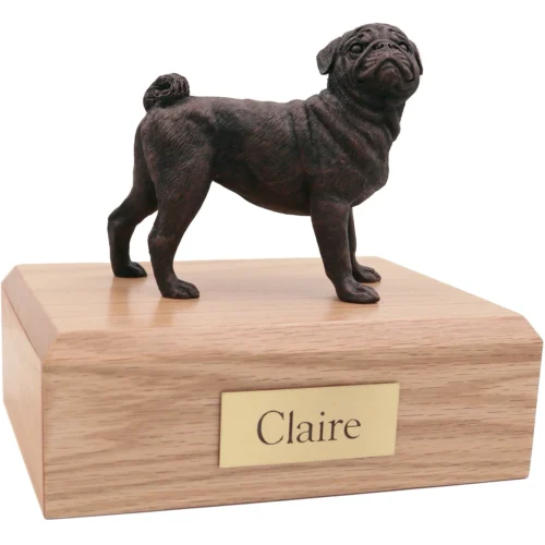 Bronze look standing Pug dog figurine oak wood memorial cremation urn
