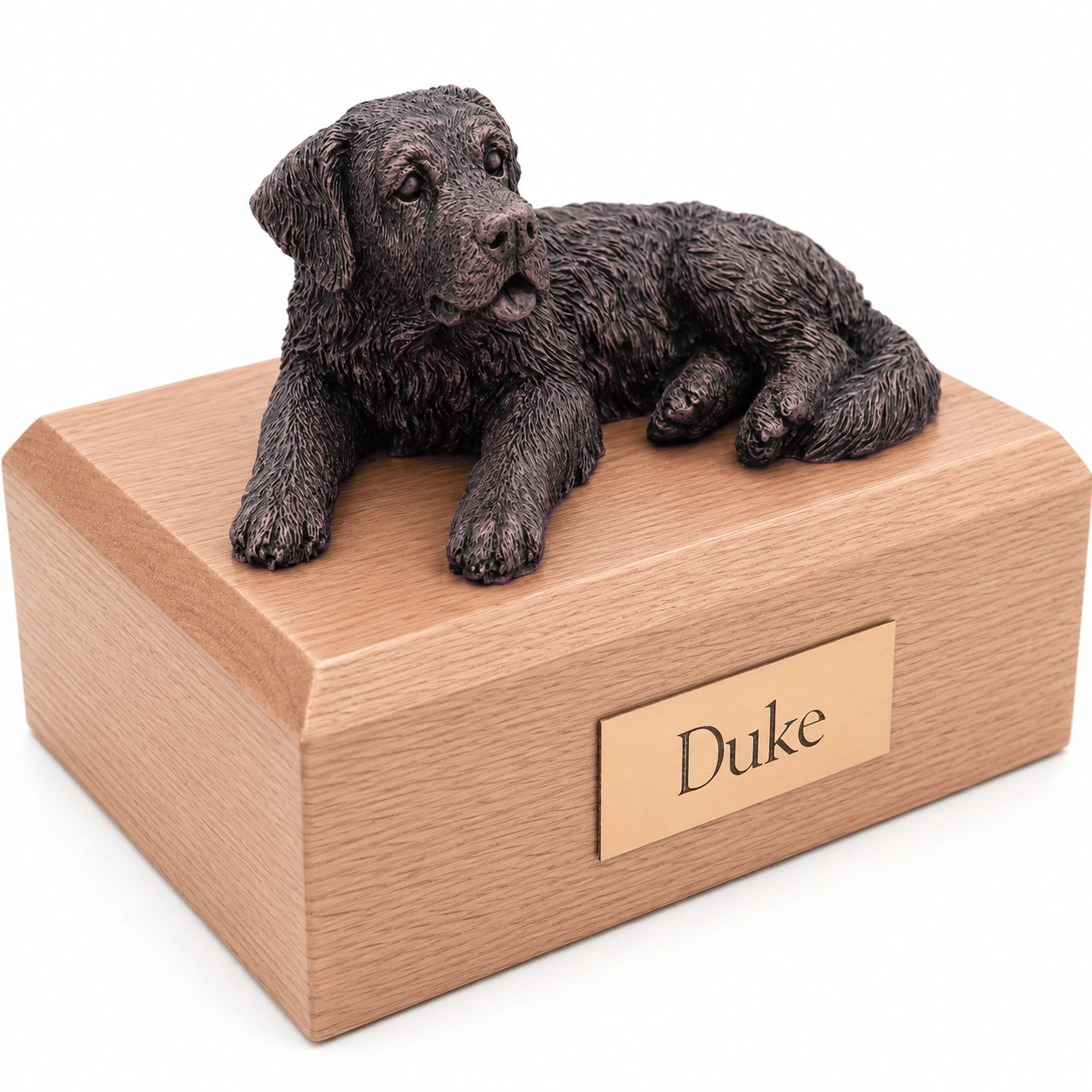 Bronze look laying Saint Bernard dog figurine oak wood memorial cremation urn