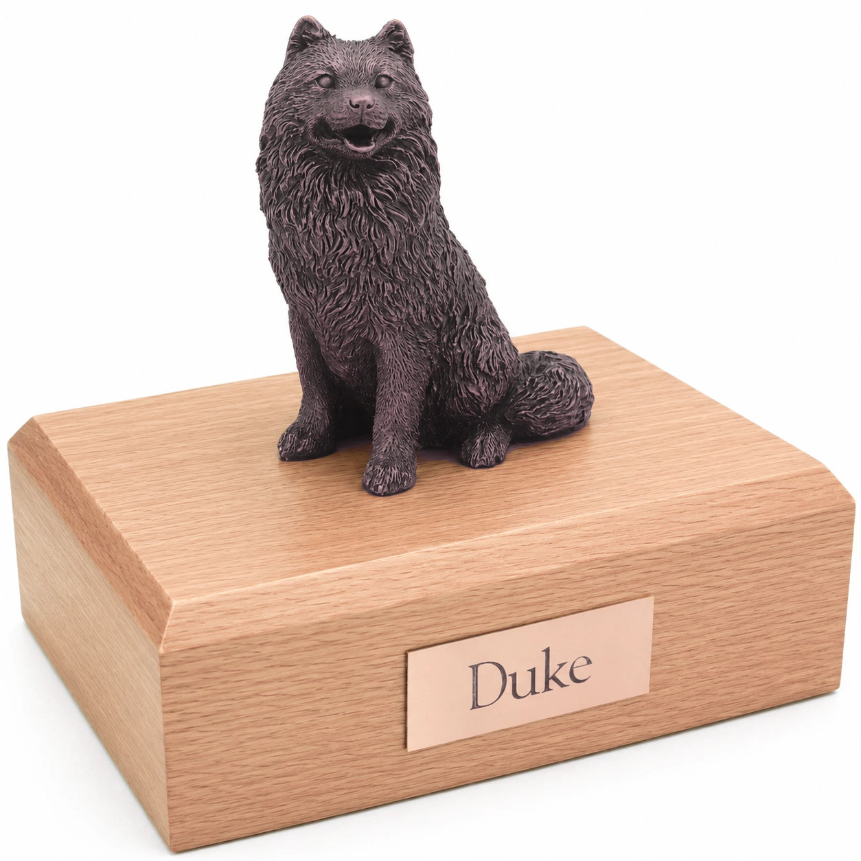 Bronze look sitting Samoyed dog figurine oak wood memorial cremation urn
