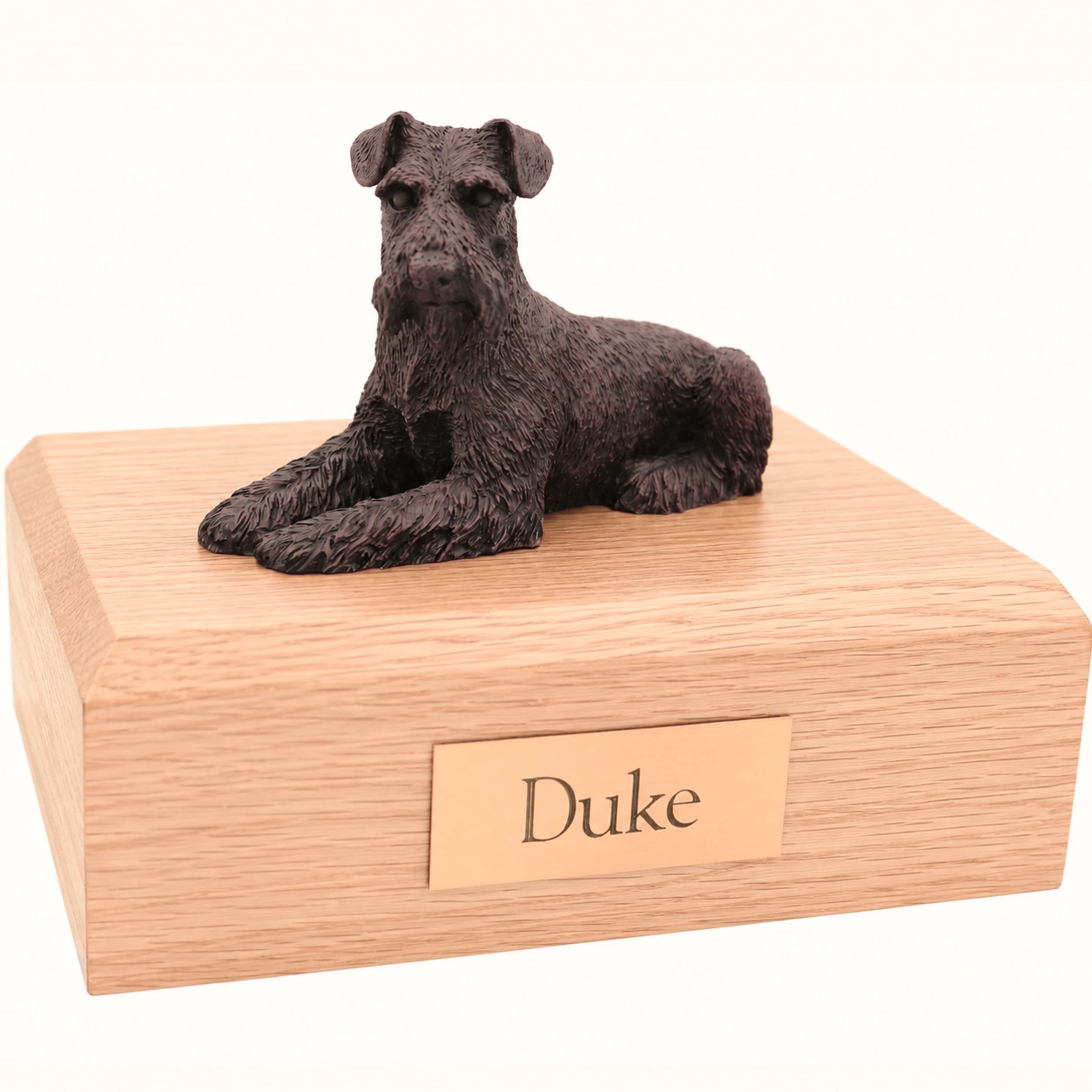 Bronze look laying ears down Schnauzer dog figurine oak wood memorial cremation urn