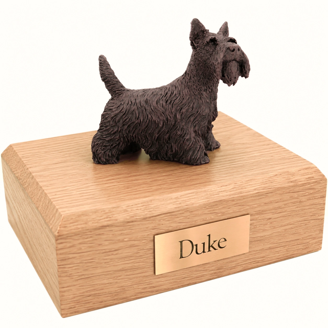 Bronze look standing Scottish Terrier dog figurine oak wood memorial cremation urn