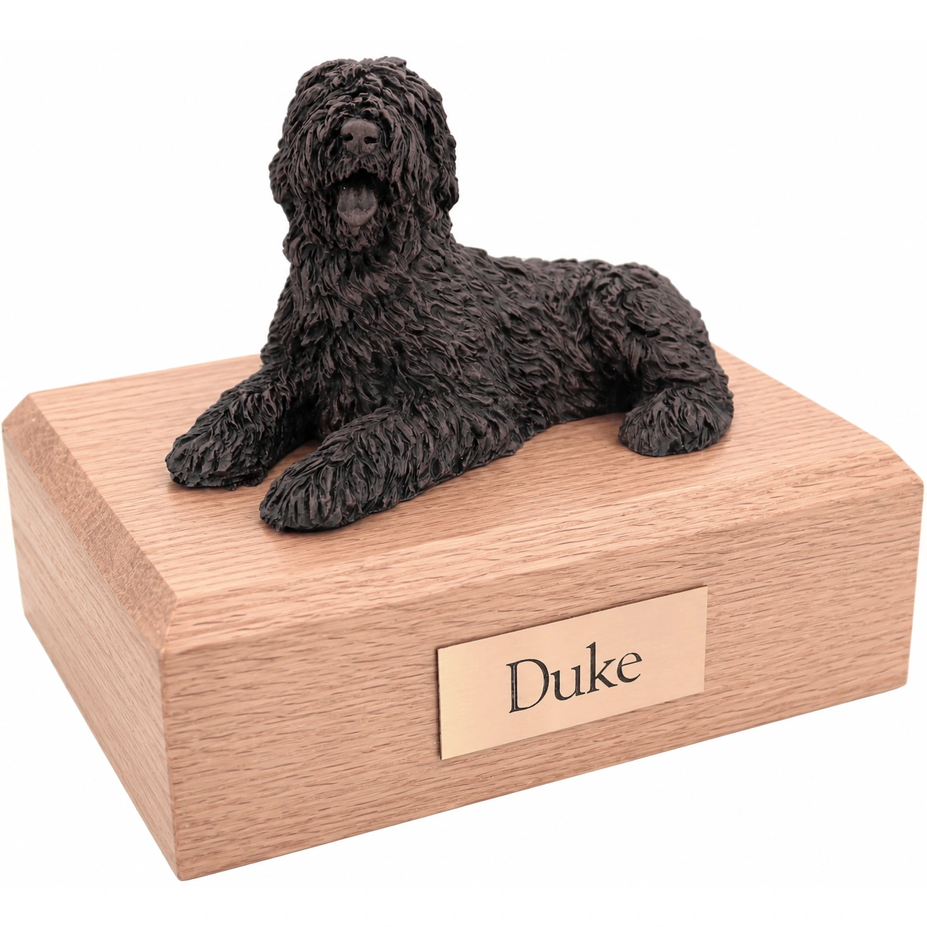 Bronze look laying Sheepdog dog figurine oak wood memorial cremation urn