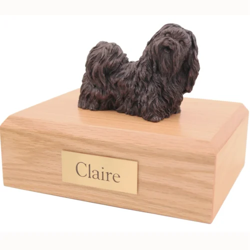 Bronze look standing Shih Tzu dog figurine oak wood memorial cremation urn