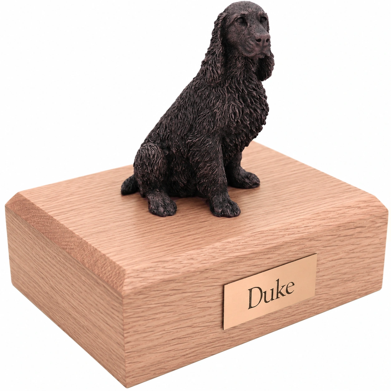 Bronze look sitting Springer Spaniel dog figurine oak wood memorial cremation urn