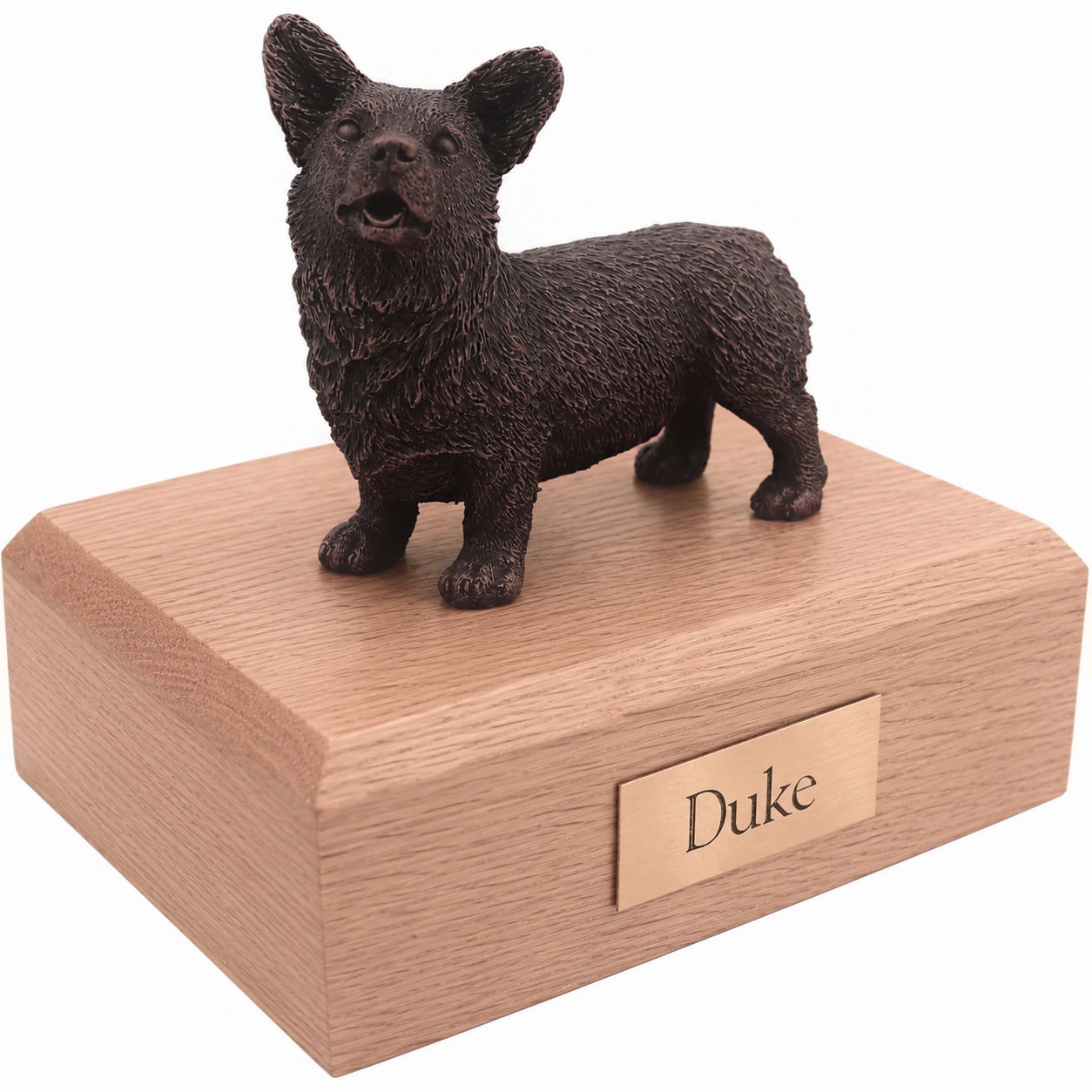 Bronze look standing Welsh Corgi dog figurine oak wood memorial cremation urn