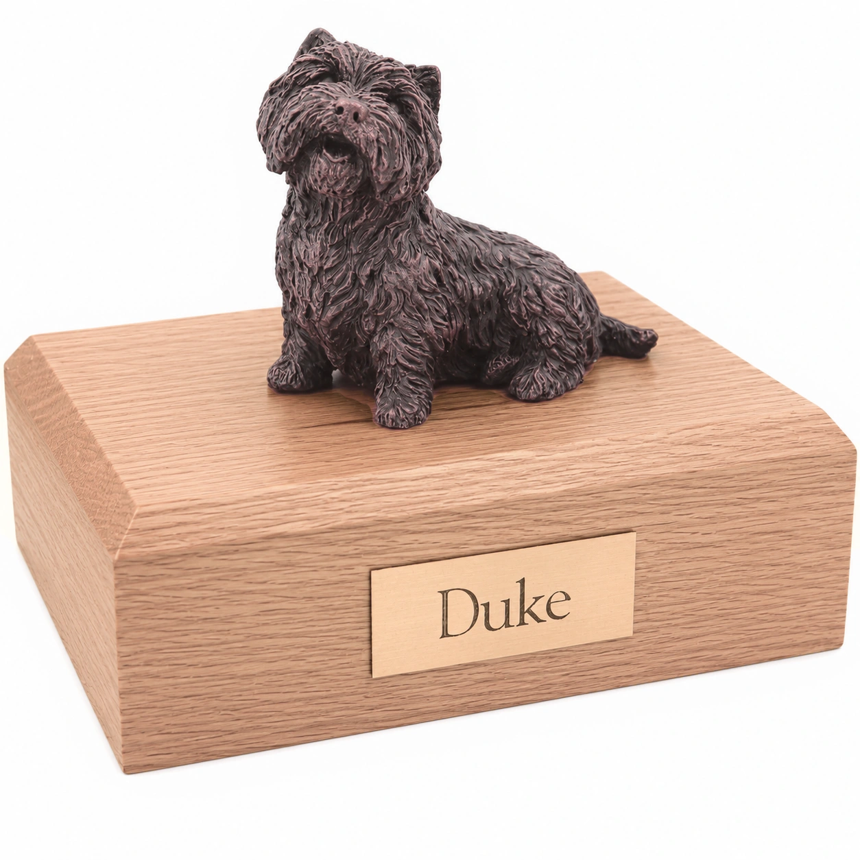 Bronze look sitting West Highland Terrier dog figurine oak wood memorial cremation urn