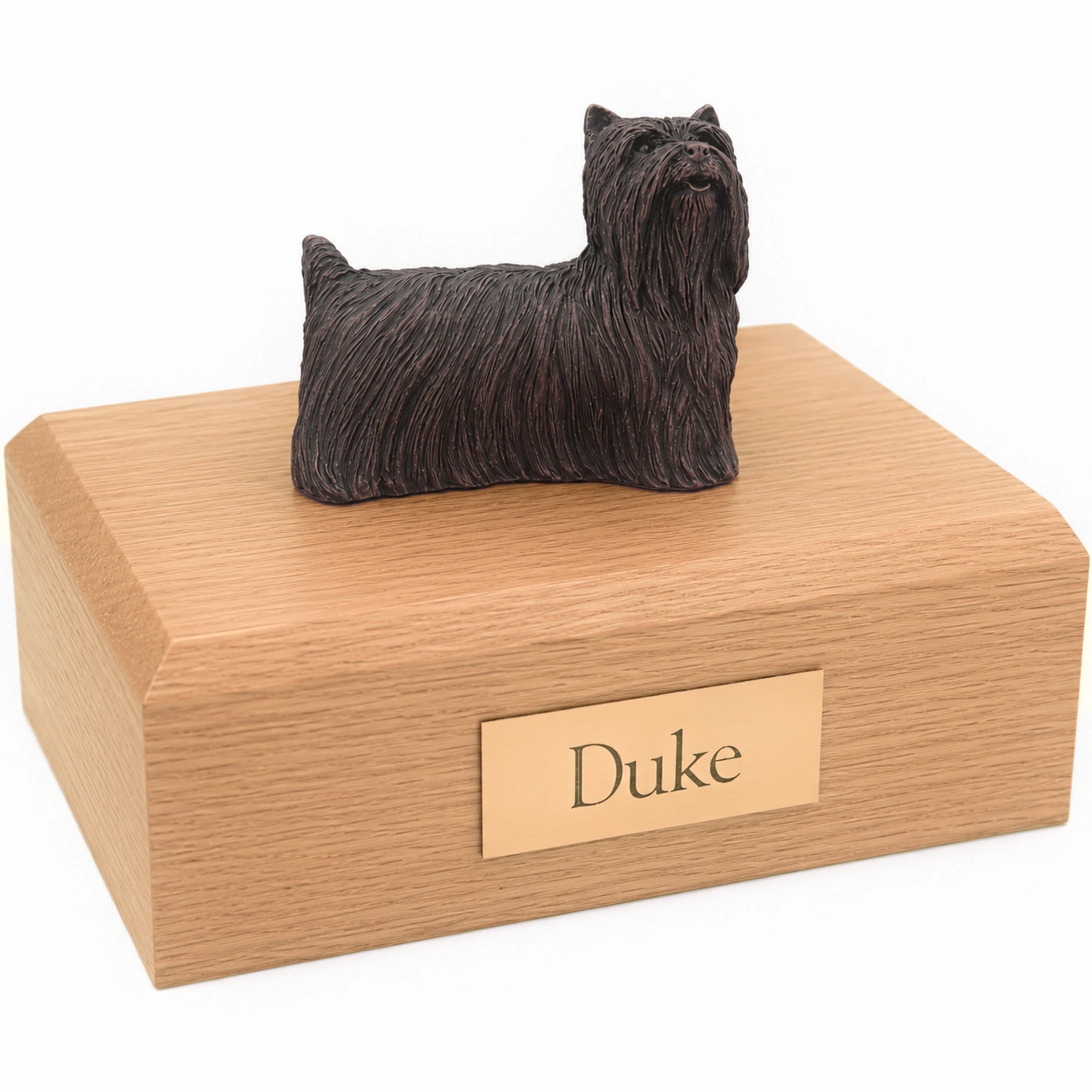 Bronze look standing Yorkshire Terrier dog figurine oak wood memorial cremation urn