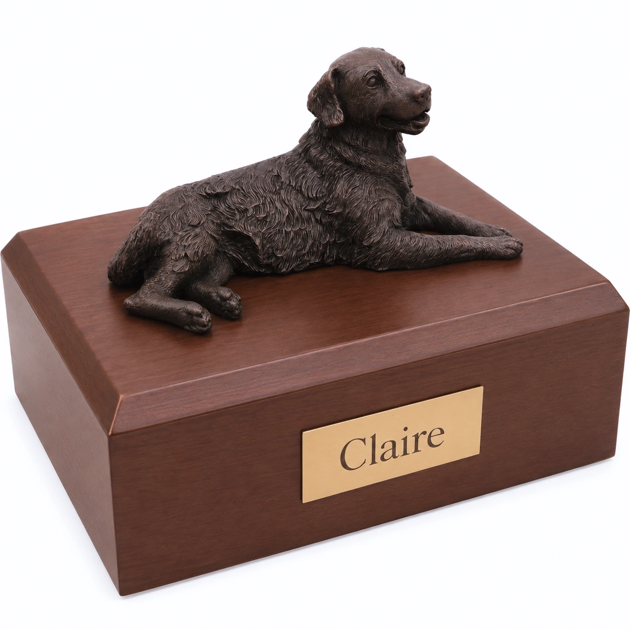 Bronze look laying Golden Retriever dog figurine walnut wood memorial cremation urn