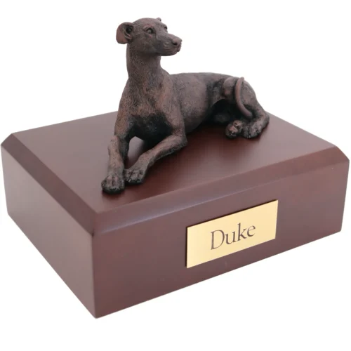 Bronze look laying Grayhound or Whippet dog figurine walnut wood memorial cremation urn