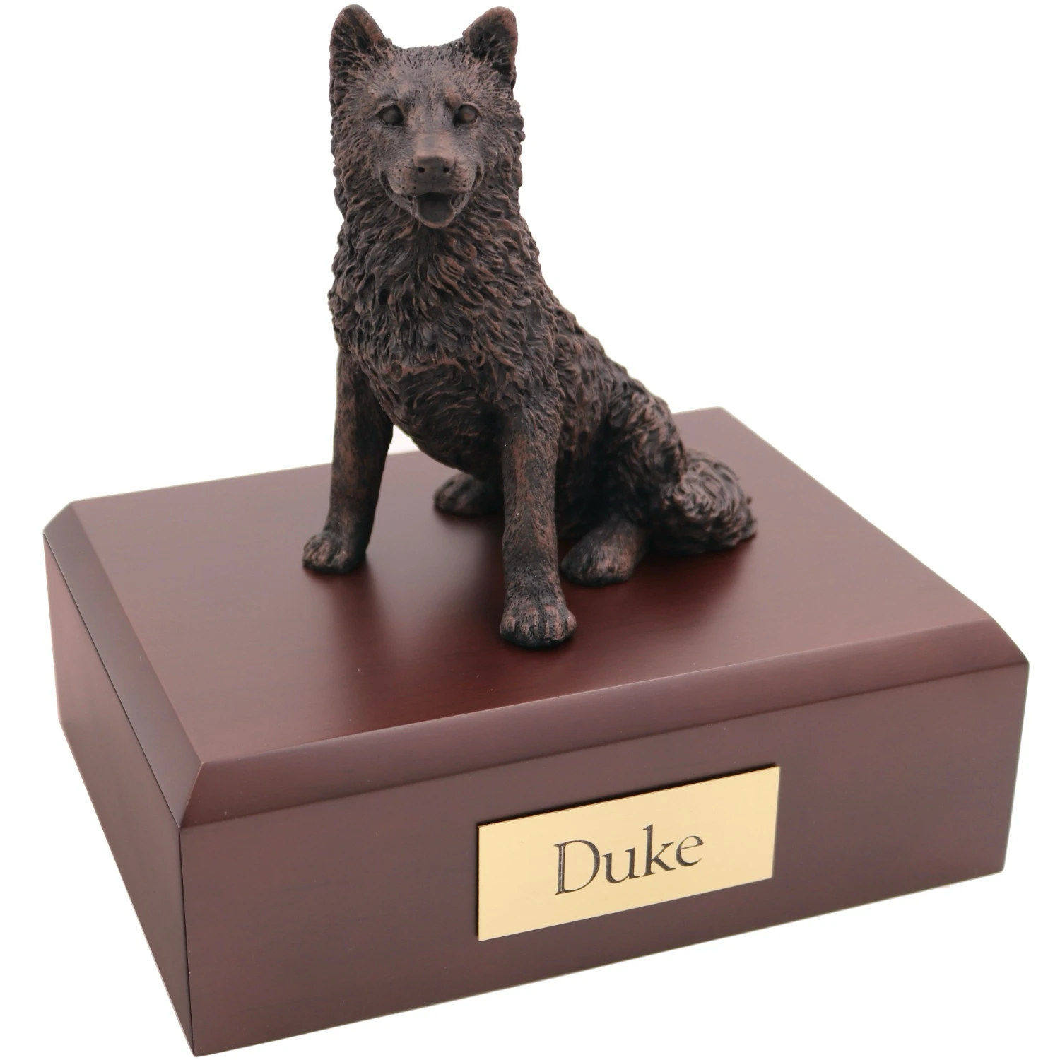 Bronze look sitting Husky dog figurine walnut wood memorial cremation urn