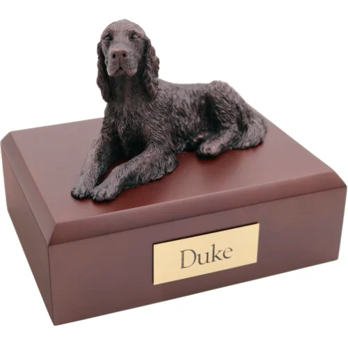 Bronze look laying Irish Setter dog figurine walnut wood memorial cremation urn